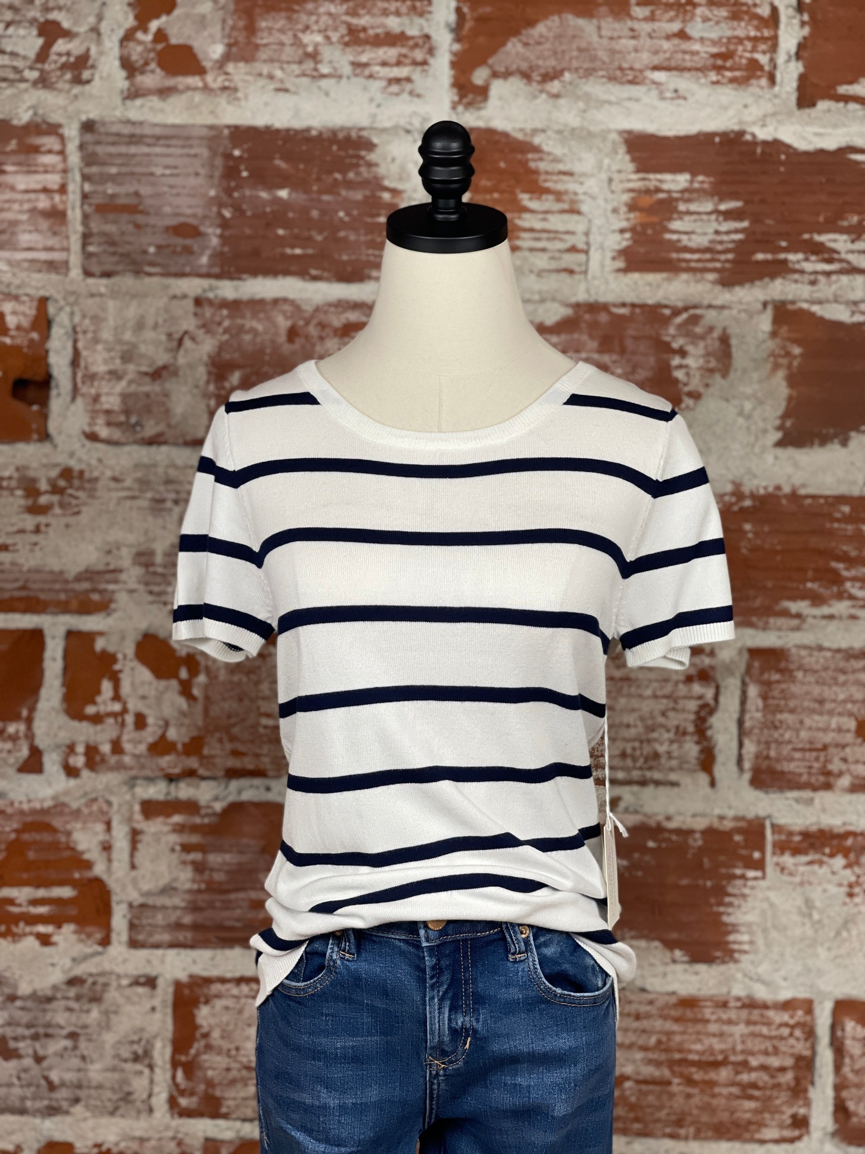 Simplicity Crew Neck Sweater Top in Navy & White Stripe-122 - Jersey Tops S/S (Jan - June)-Little Bird Boutique