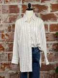 DEX Stripe Button Down in White/Taupe-112 Woven Tops - Long Sleeve-Little Bird Boutique