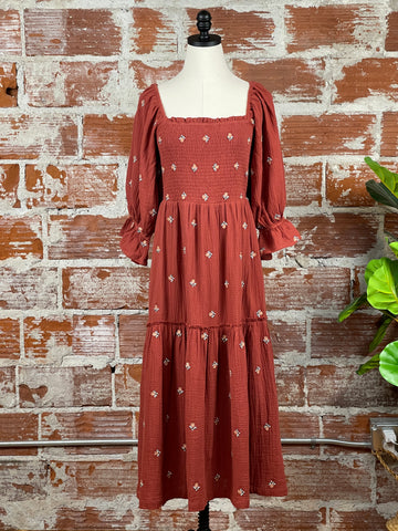 Gauze Midi Dress in Brick
