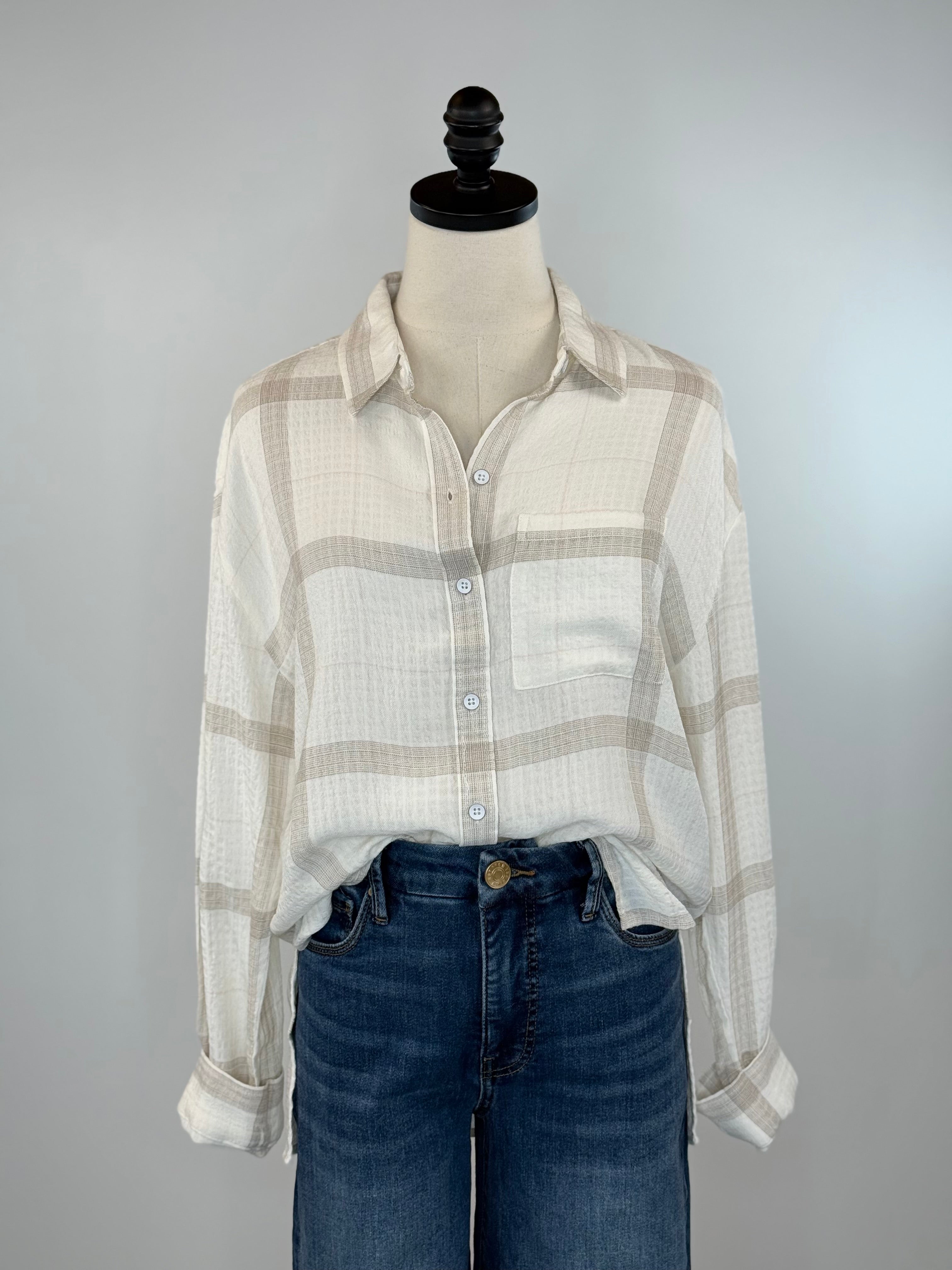 Flag and Anthem Millbury Boyfriend Shirt in Cream and Tan-111 - Woven Top F/W (June- Nov)-Little Bird Boutique