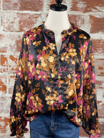 Jak & Rae Maggie Ruffle Top in Black & Gold Floral