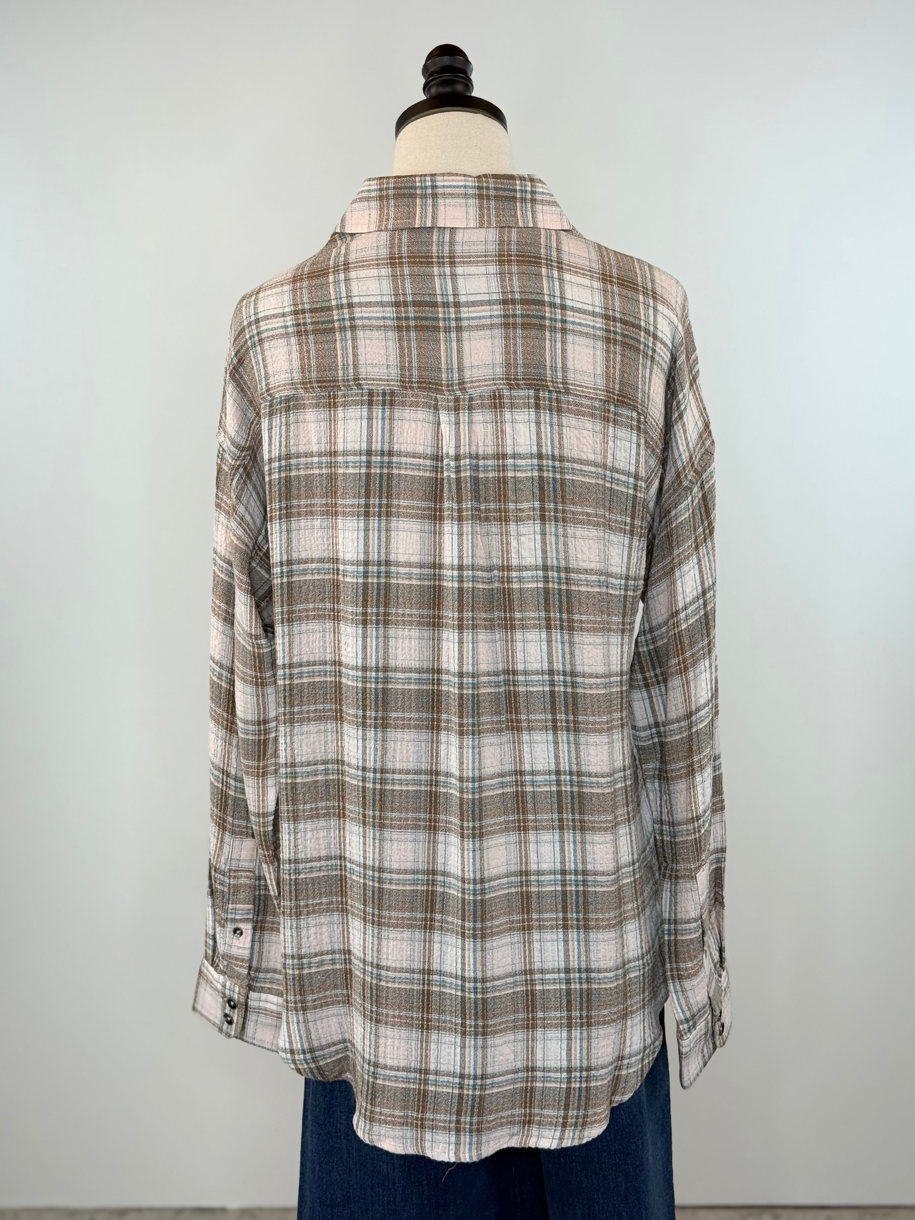 Flag and Anthem Leetonia Pucker Boyfriend Shirt in Sage and Pink-111 - Woven Top F/W (June- Nov)-Little Bird Boutique