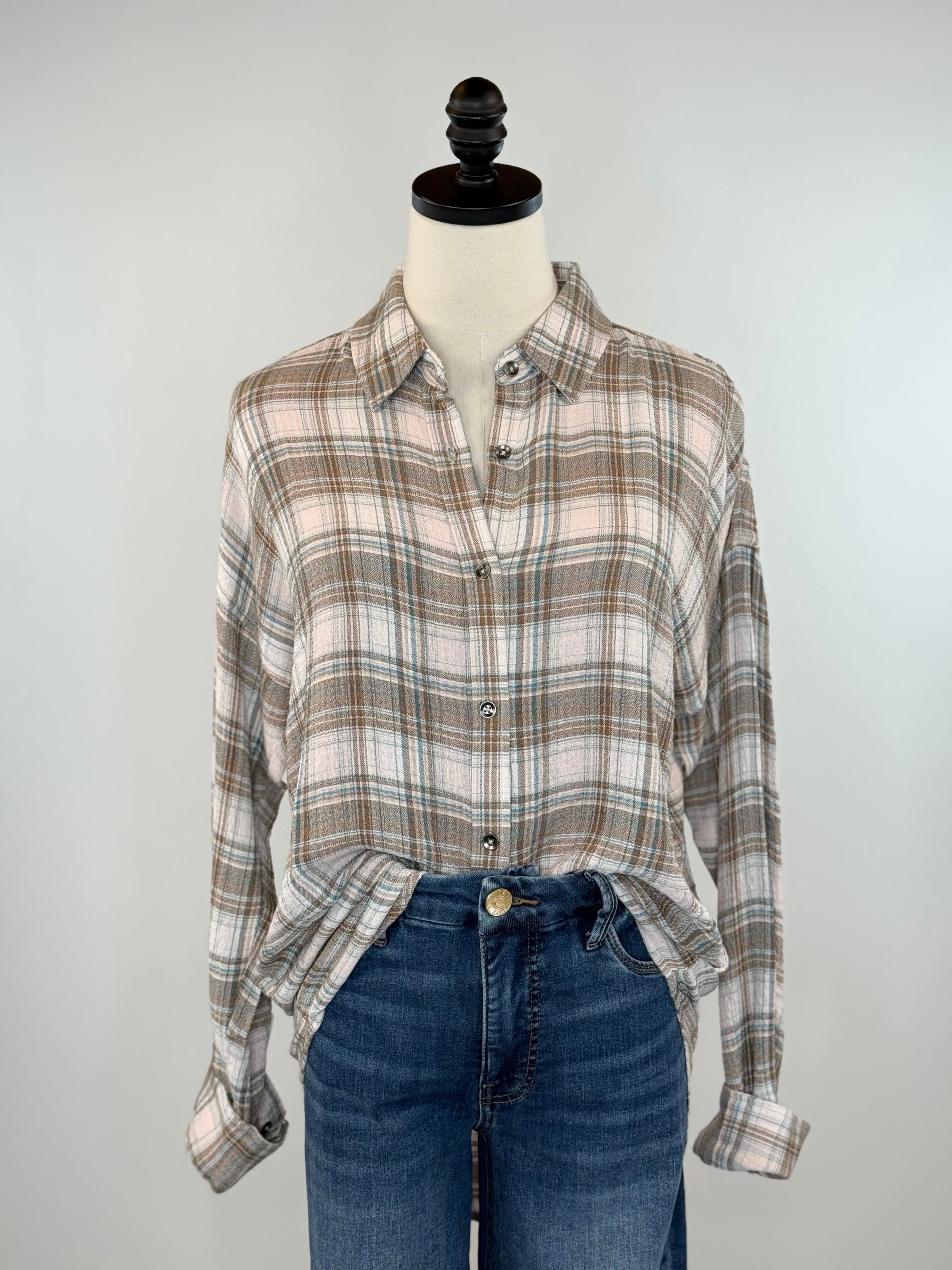 Flag and Anthem Leetonia Pucker Boyfriend Shirt in Sage and Pink-111 - Woven Top F/W (June- Nov)-Little Bird Boutique