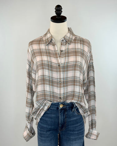 Flag and Anthem Leetonia Pucker Boyfriend Shirt in Sage and Pink-111 - Woven Top F/W (June- Nov)-Little Bird Boutique
