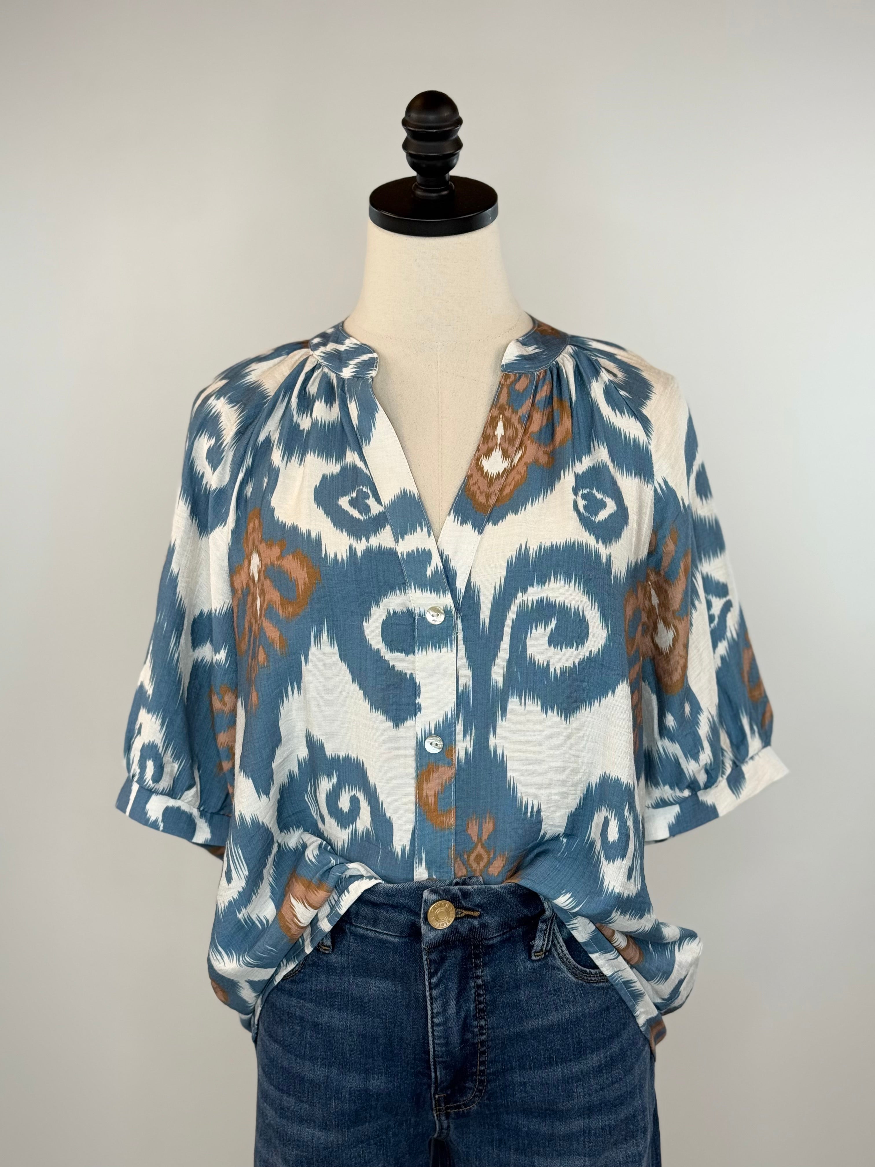 THML Porto Top in Aqua Geo-111 - Woven Top F/W (June- Nov)-Little Bird Boutique