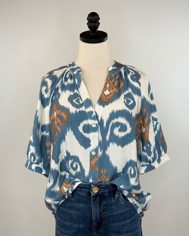THML Porto Top in Aqua Geo-111 - Woven Top F/W (June- Nov)-Little Bird Boutique