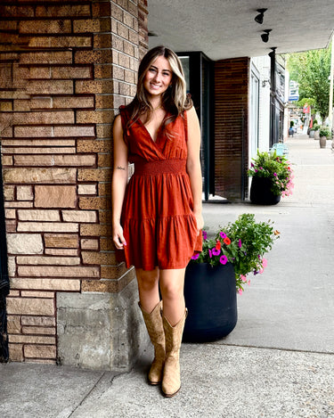 Jak and Rae Charla Dress in Henna Brown-151 Dresses - Short-Little Bird Boutique