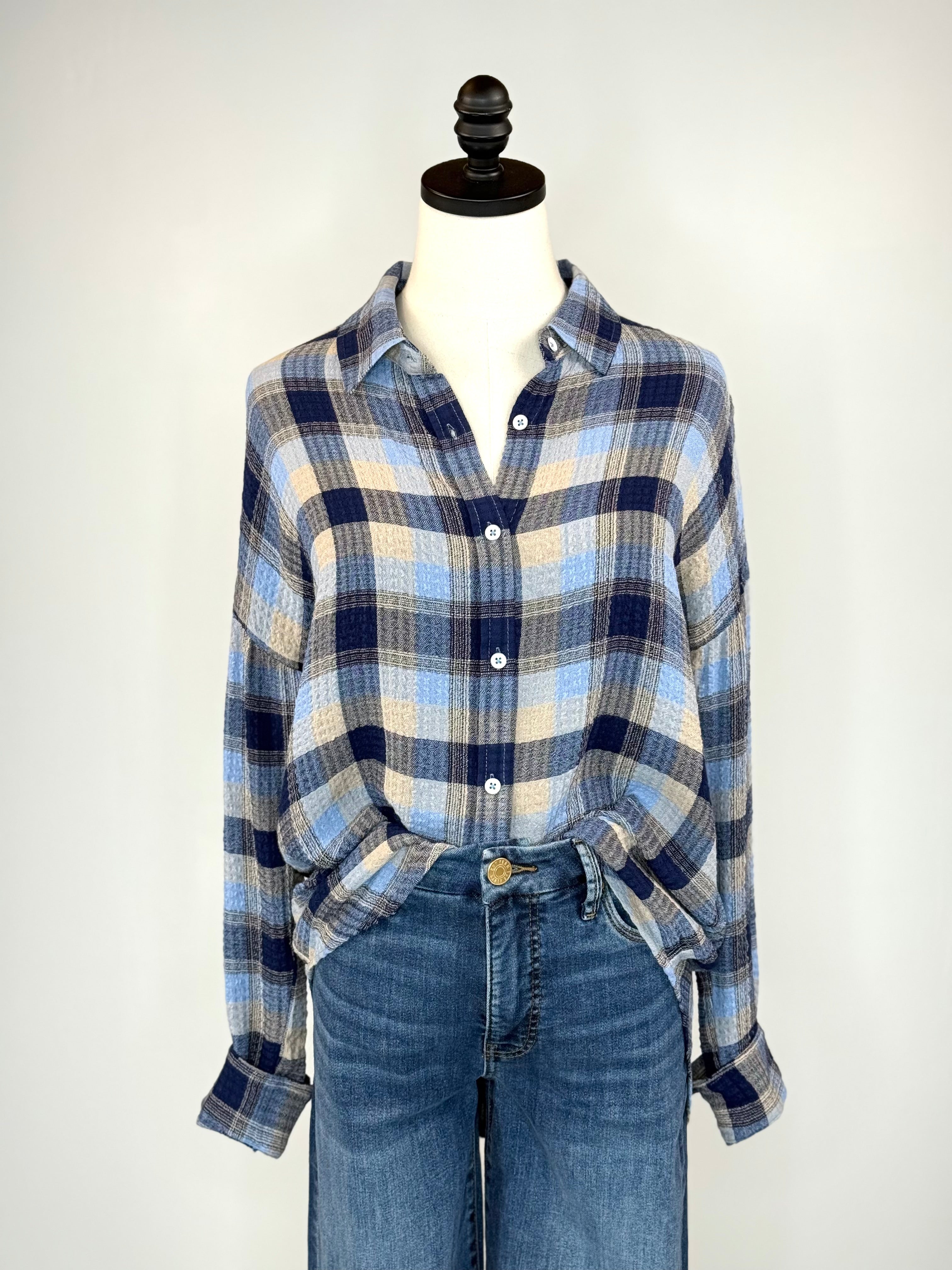 Flag and Anthem Leetonia Pucker Top in Navy-111 - Woven Top F/W (June- Nov)-Little Bird Boutique