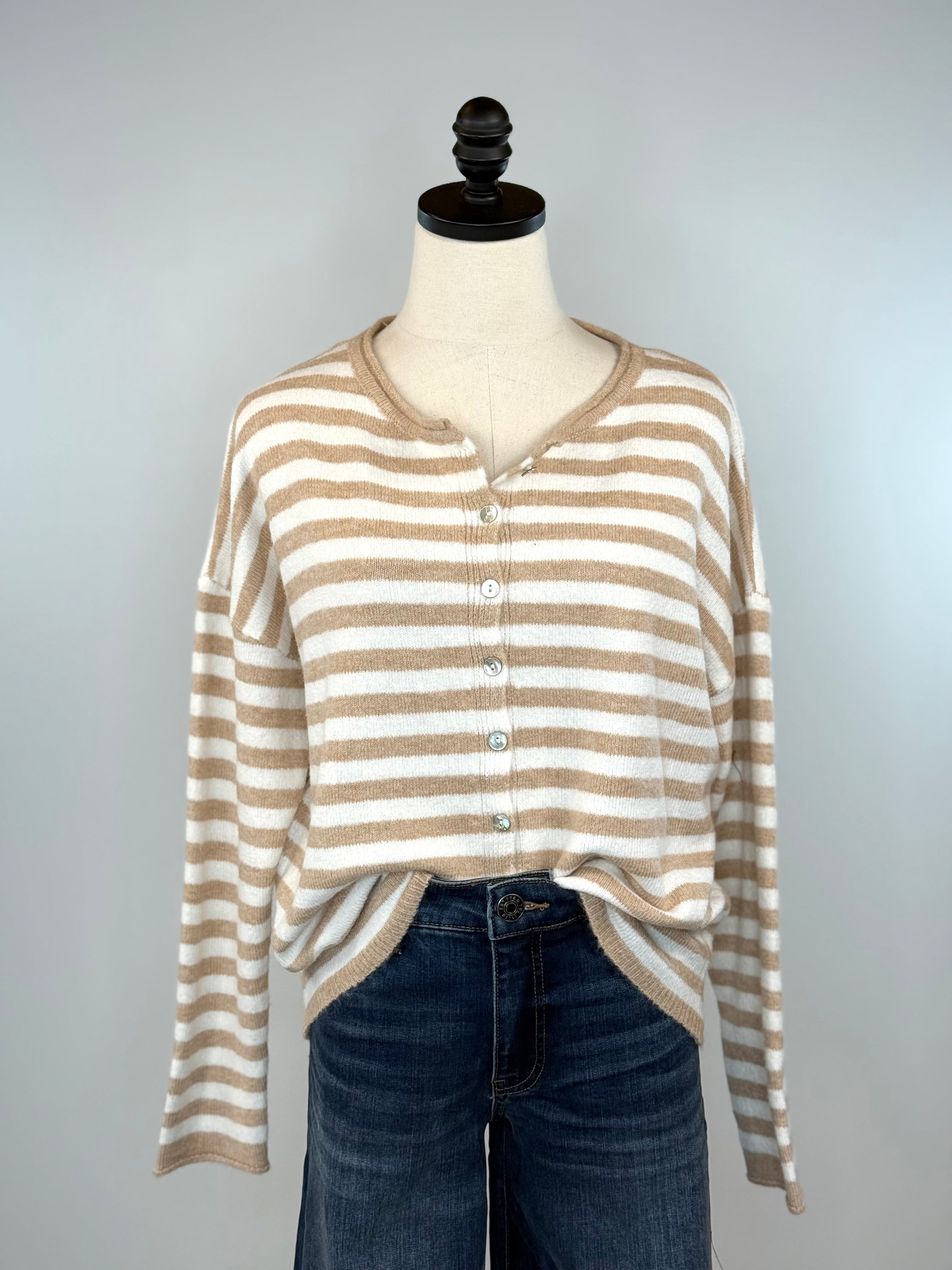 Rivers Sweater in Taupe and Ivory Stripe-131 - Sweaters F/W (June - Nov)-Little Bird Boutique