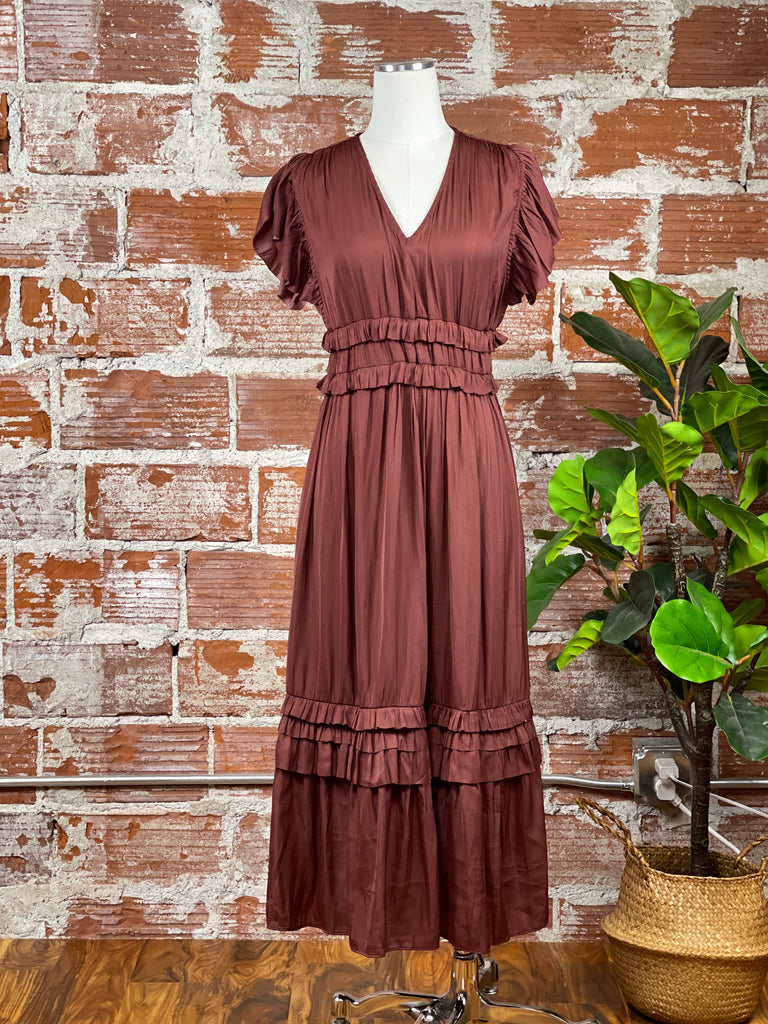 Ruffle Satin Midi Dress in Vino
