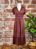 Ruffle Satin Midi Dress in Vino-151 Dresses - Short-Little Bird Boutique