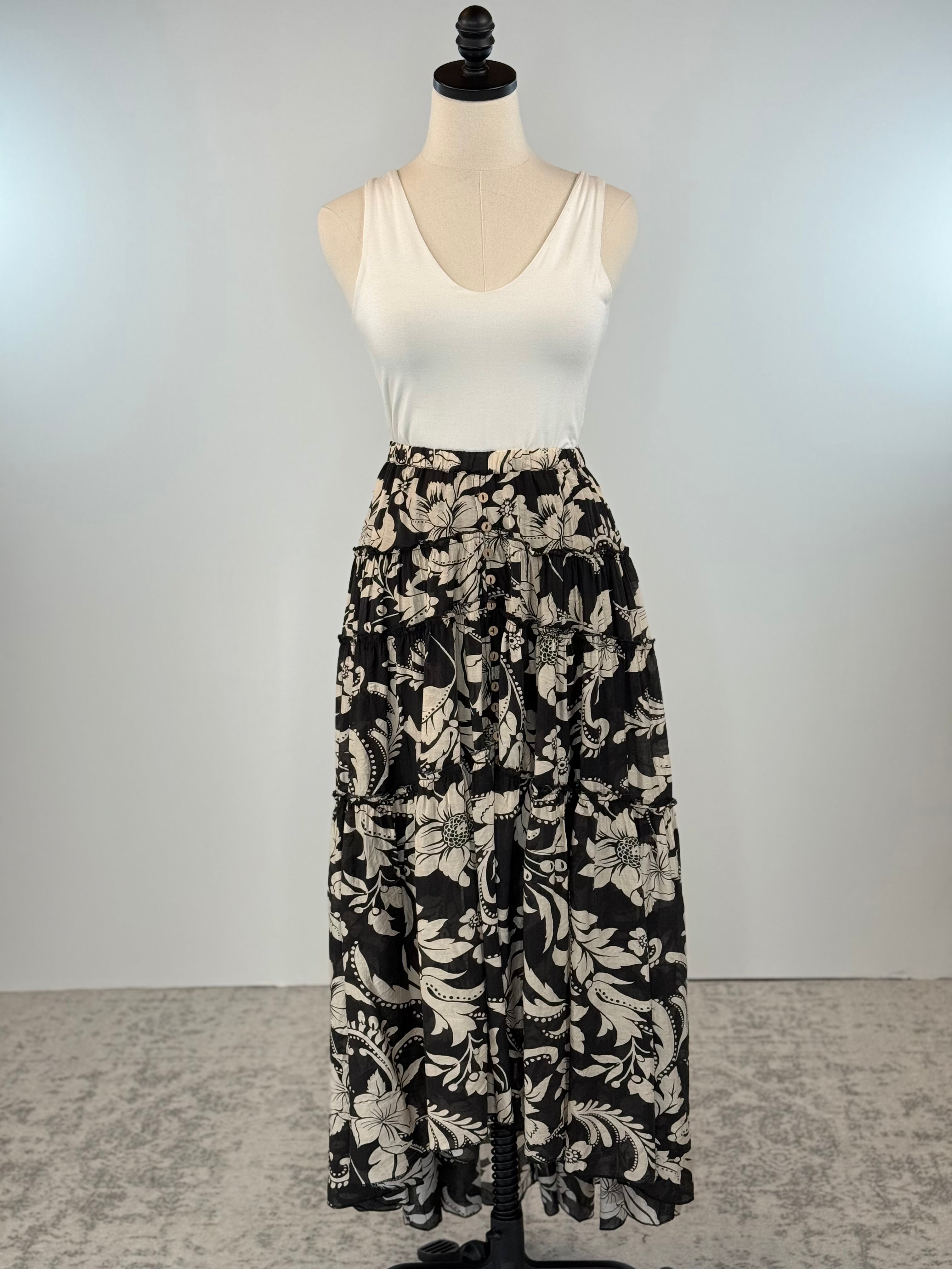 Parker Maxi Skirt in Black and Cream Floral-231 Skirts-Little Bird Boutique