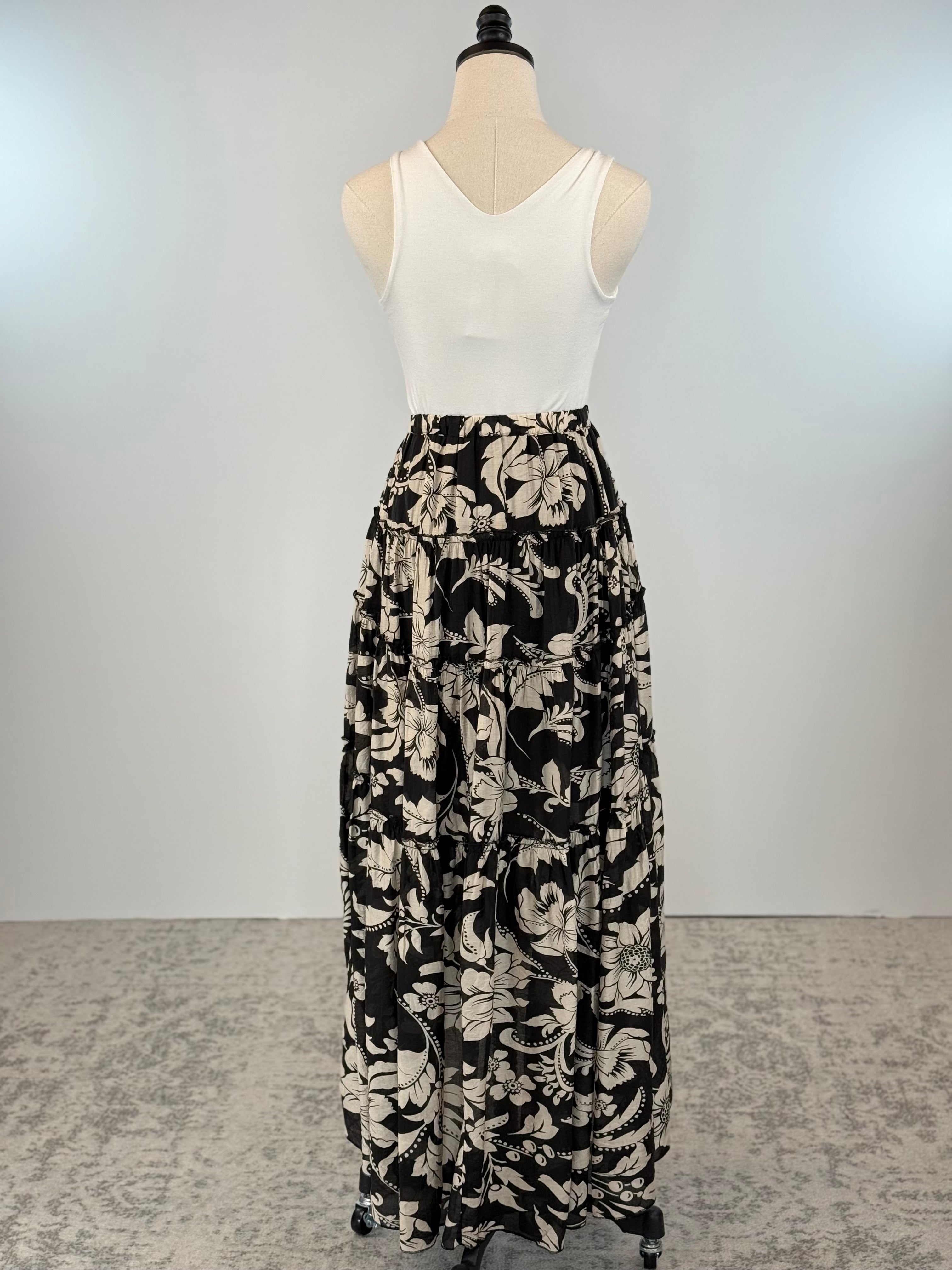 Parker Maxi Skirt in Black and Cream Floral-231 Skirts-Little Bird Boutique