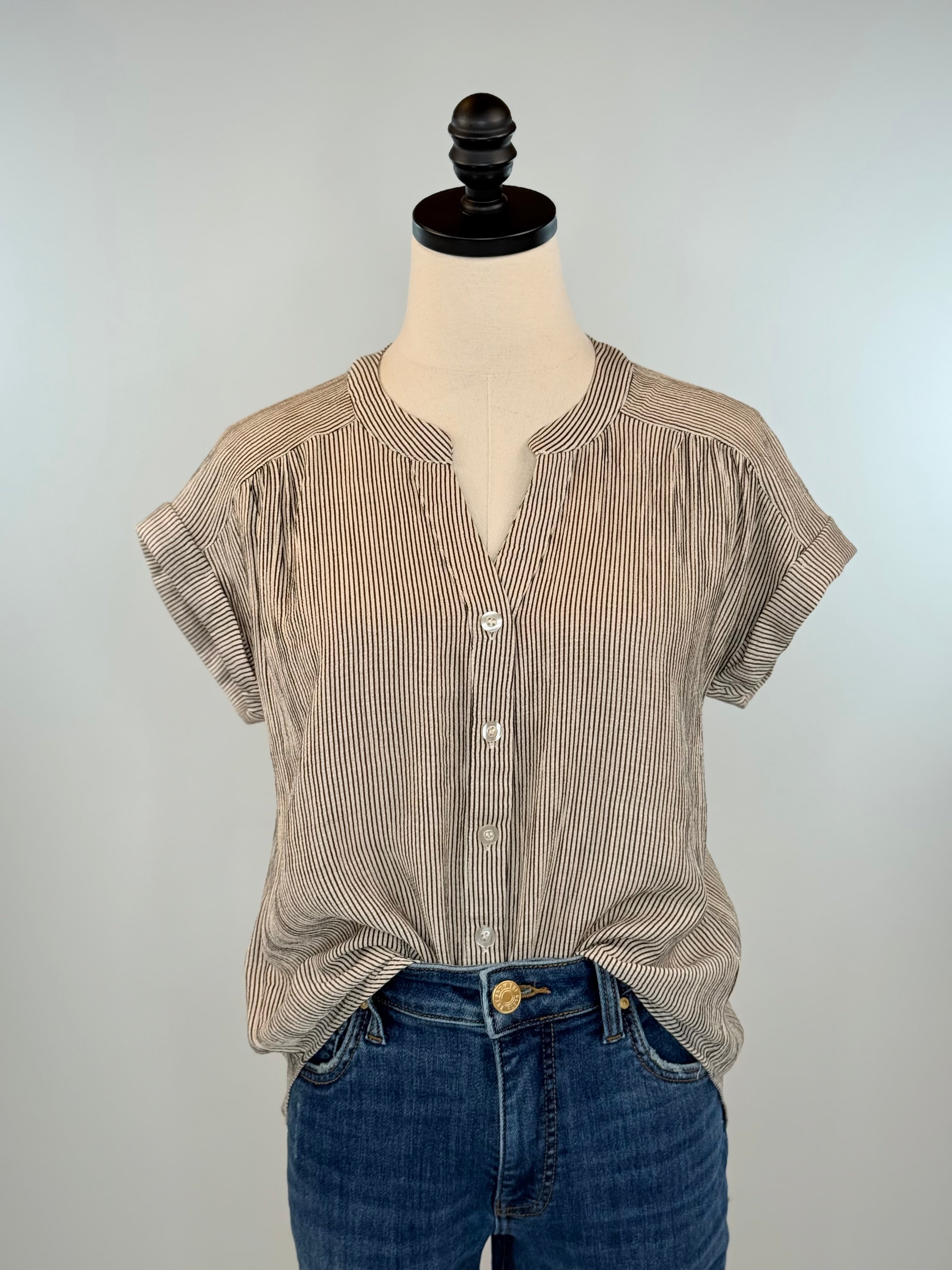 Johnstone Top in Champagne and Black Pinstripe-111 - Woven Top F/W (June- Nov)-Little Bird Boutique
