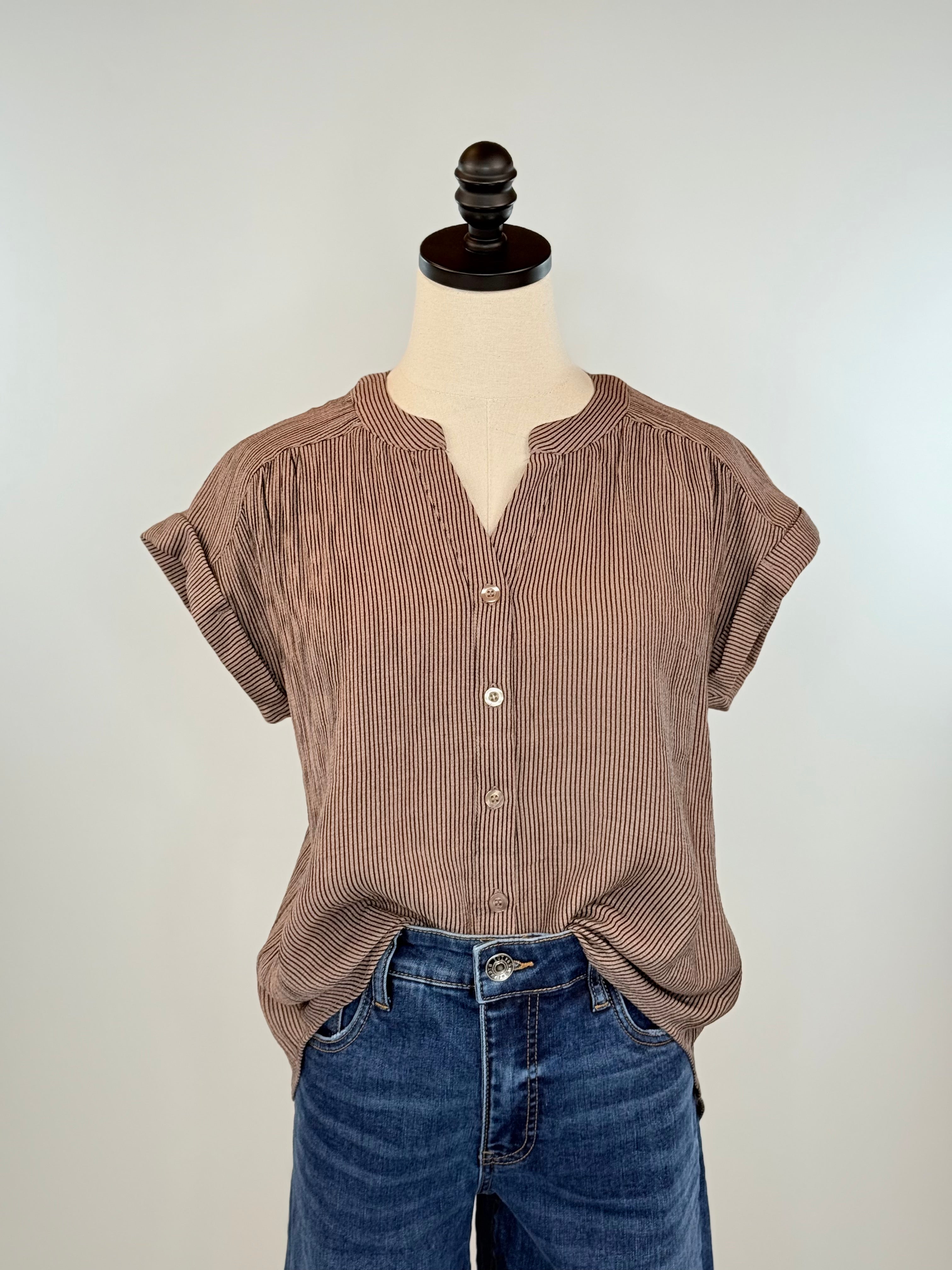Johnstone Top in Mocha and Black Pinstripe-111 - Woven Top F/W (June- Nov)-Little Bird Boutique