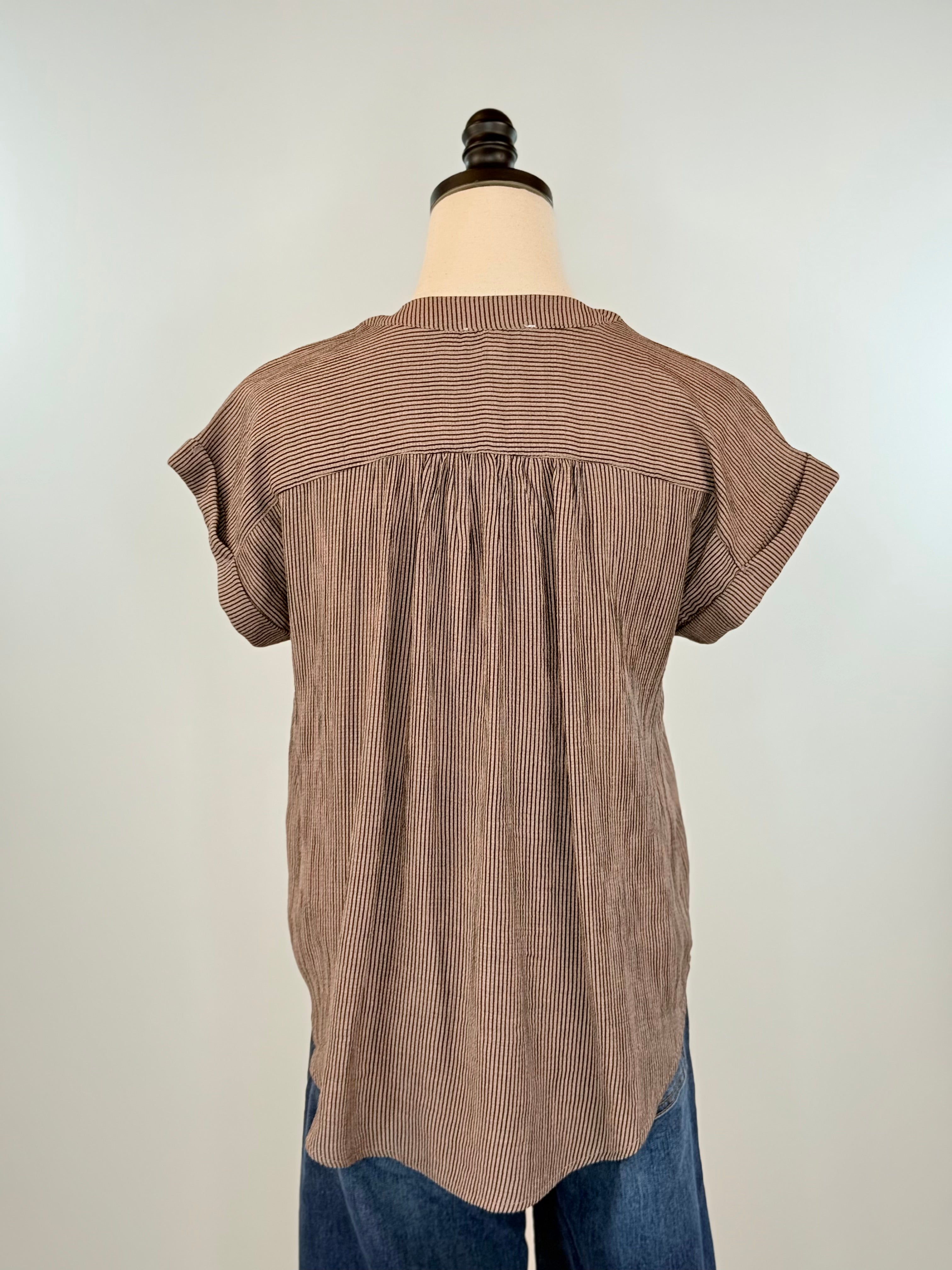 Johnstone Top in Mocha and Black Pinstripe-111 - Woven Top F/W (June- Nov)-Little Bird Boutique