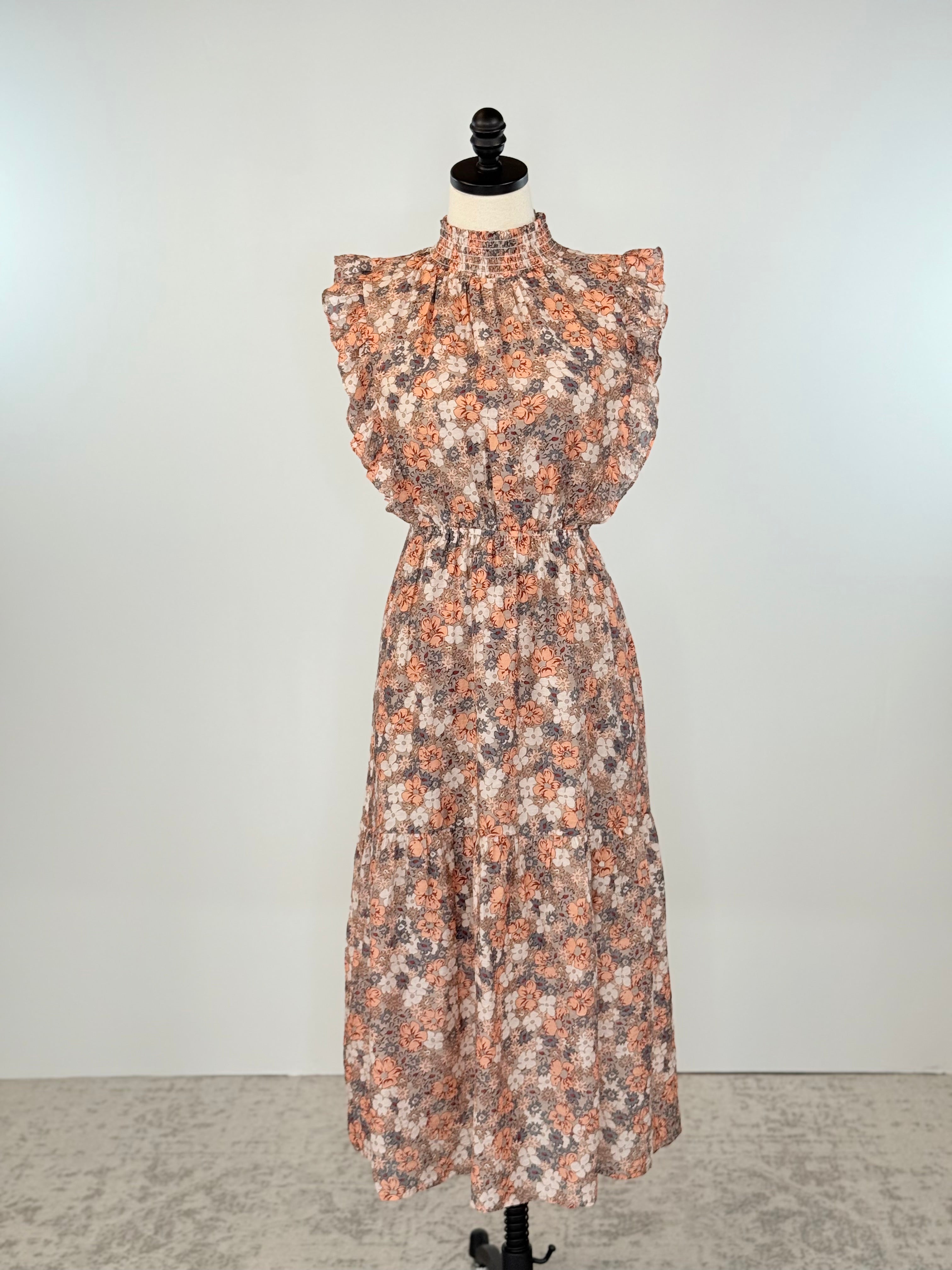 THML Lissette Dress in Taupe Floral-152 Dresses - Long-Little Bird Boutique