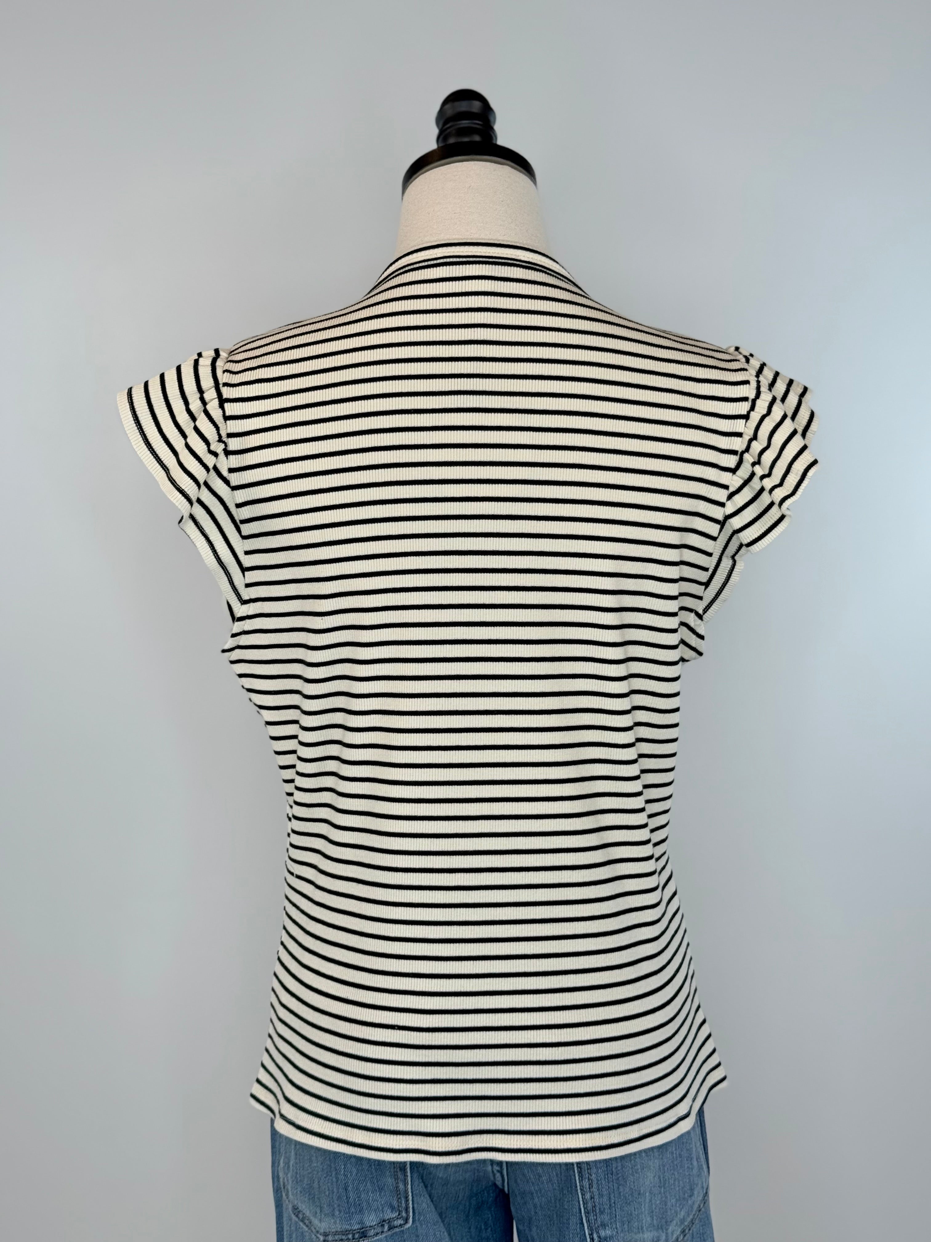 Anthem the Label Ruffle Sleeve Top in Black and Ivory Stripe-121 - Jersey Tops F/W (June - Nov)-Little Bird Boutique