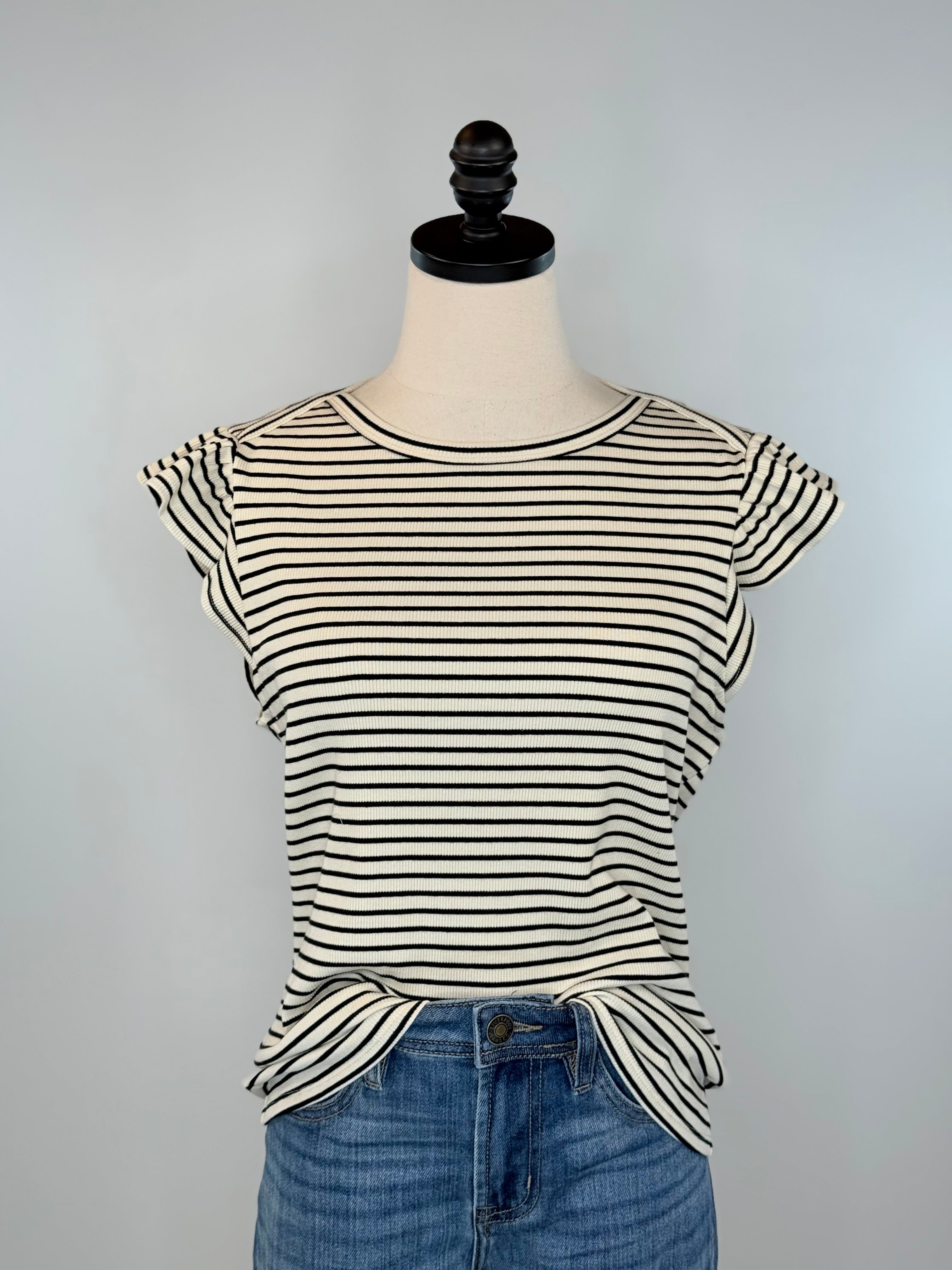 Anthem the Label Ruffle Sleeve Top in Black and Ivory Stripe-121 - Jersey Tops F/W (June - Nov)-Little Bird Boutique