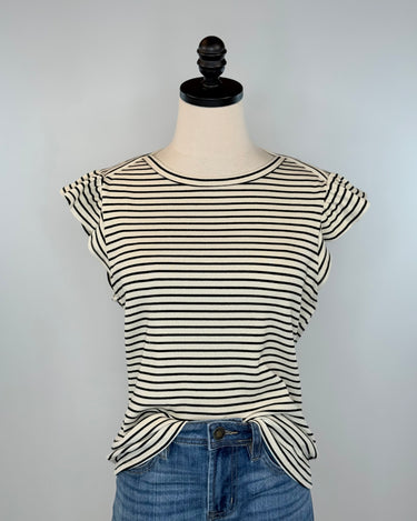 Anthem the Label Ruffle Sleeve Top in Black and Ivory Stripe-121 - Jersey Tops F/W (June - Nov)-Little Bird Boutique