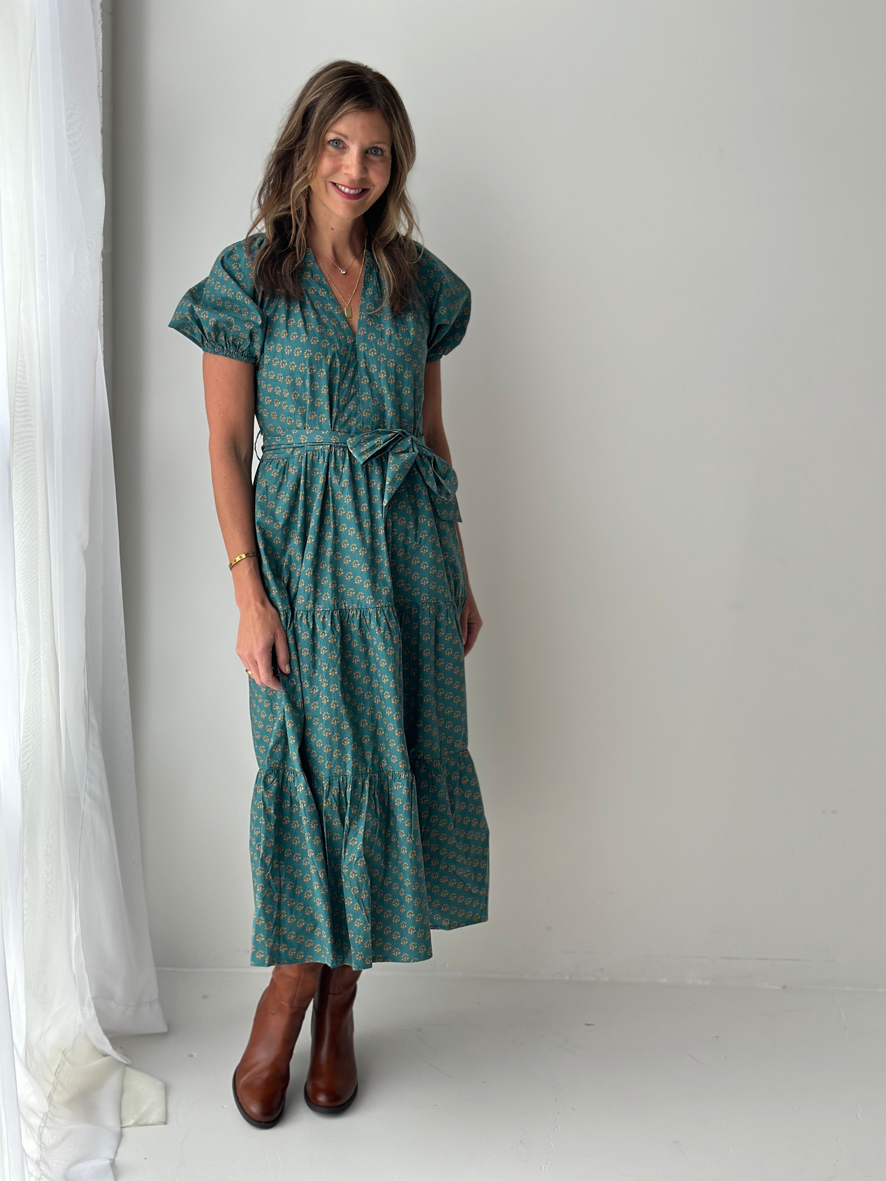 Tie Front Midi Dress in Ditsy Teal-151 Dresses - Short-Little Bird Boutique