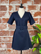 Molly Bracken V-Neck Belted Dress in Navy-151 Dresses - Short-Little Bird Boutique