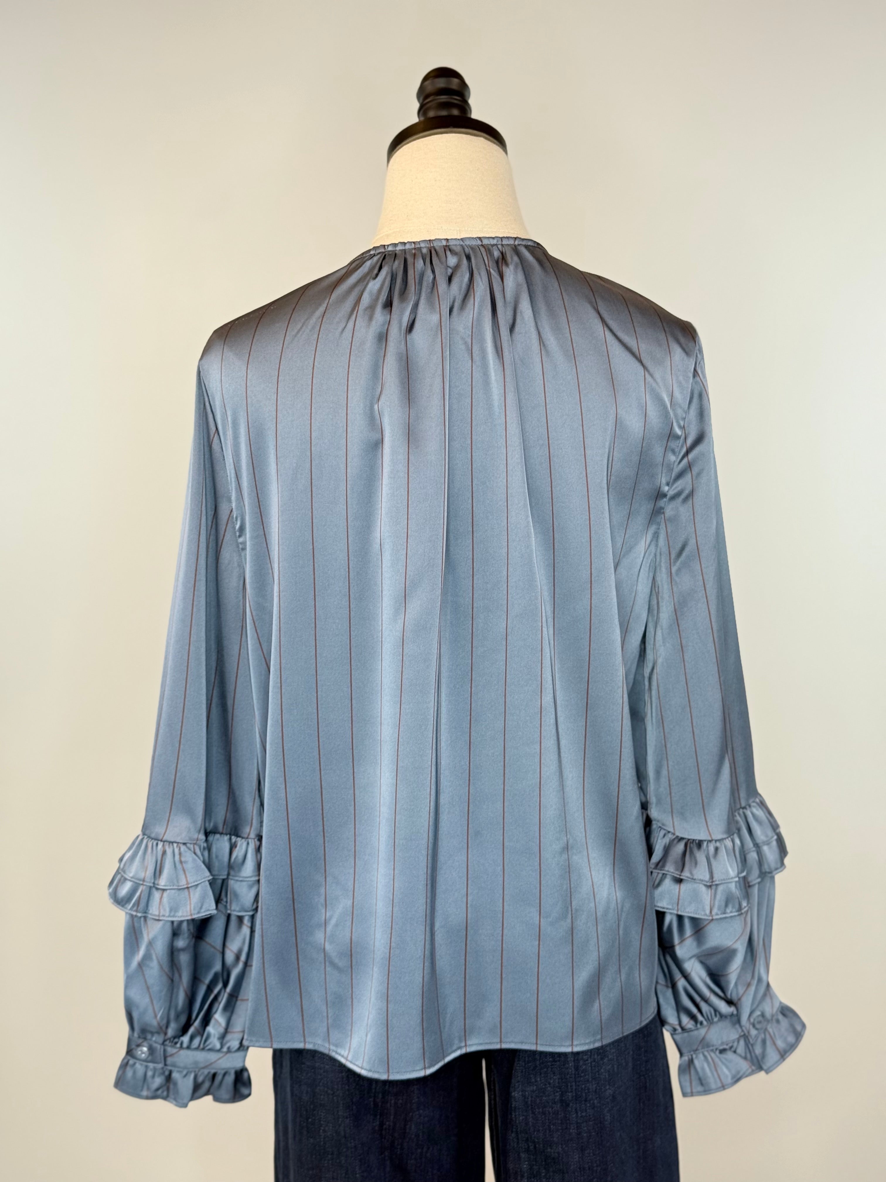 Liverpool Ruffle Sleeve Blouse in Chambray and Rust Pinstripe-111 - Woven Top F/W (June- Nov)-Little Bird Boutique