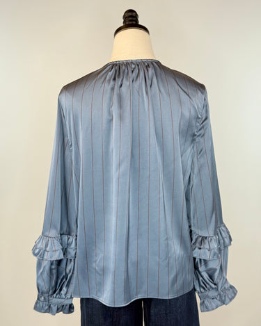 Liverpool Ruffle Sleeve Blouse in Chambray and Rust Pinstripe-111 - Woven Top F/W (June- Nov)-Little Bird Boutique