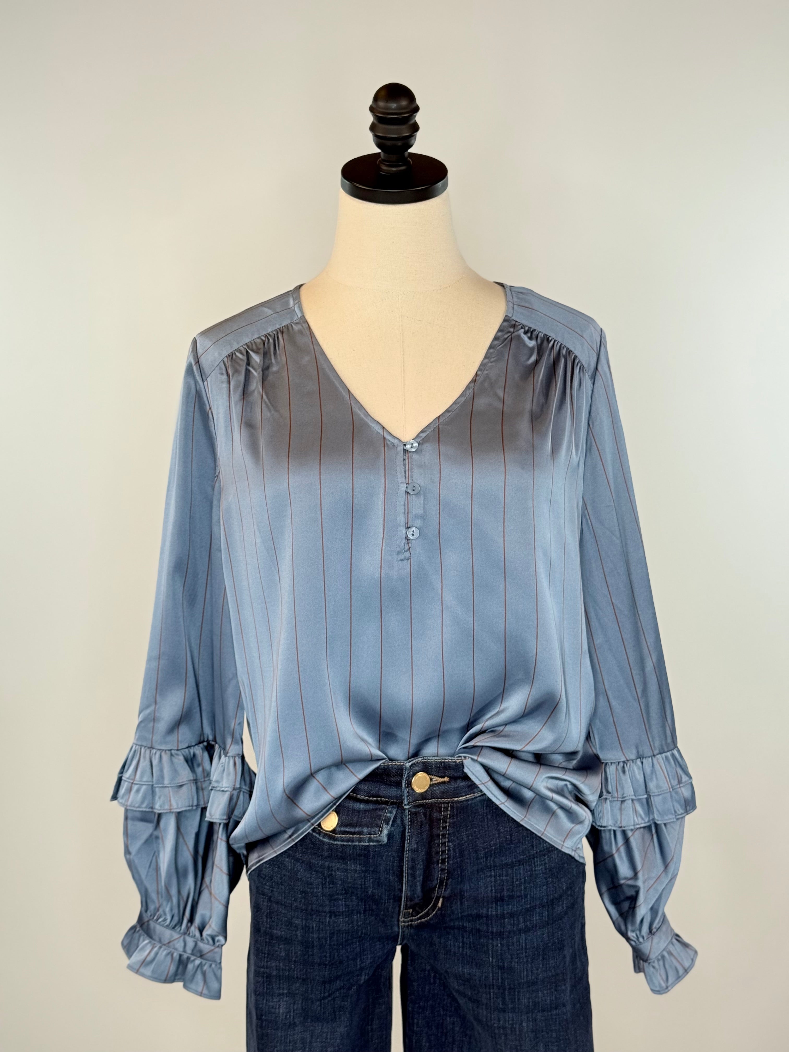 Liverpool Ruffle Sleeve Blouse in Chambray and Rust Pinstripe-111 - Woven Top F/W (June- Nov)-Little Bird Boutique