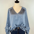 Liverpool Ruffle Sleeve Blouse in Chambray and Rust Pinstripe-111 - Woven Top F/W (June- Nov)-Little Bird Boutique