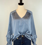 Liverpool Ruffle Sleeve Blouse in Chambray and Rust Pinstripe-111 - Woven Top F/W (June- Nov)-Little Bird Boutique