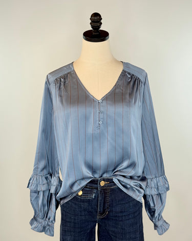 Liverpool Ruffle Sleeve Blouse in Chambray and Rust Pinstripe-111 - Woven Top F/W (June- Nov)-Little Bird Boutique