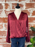 Veronica M Pleated Surplice Top in Ruby Satin-112 Woven Tops - Long Sleeve-Little Bird Boutique