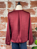 Veronica M Pleated Surplice Top in Ruby Satin-112 Woven Tops - Long Sleeve-Little Bird Boutique