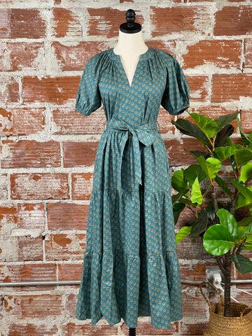 Tie Front Midi Dress in Ditsy Teal