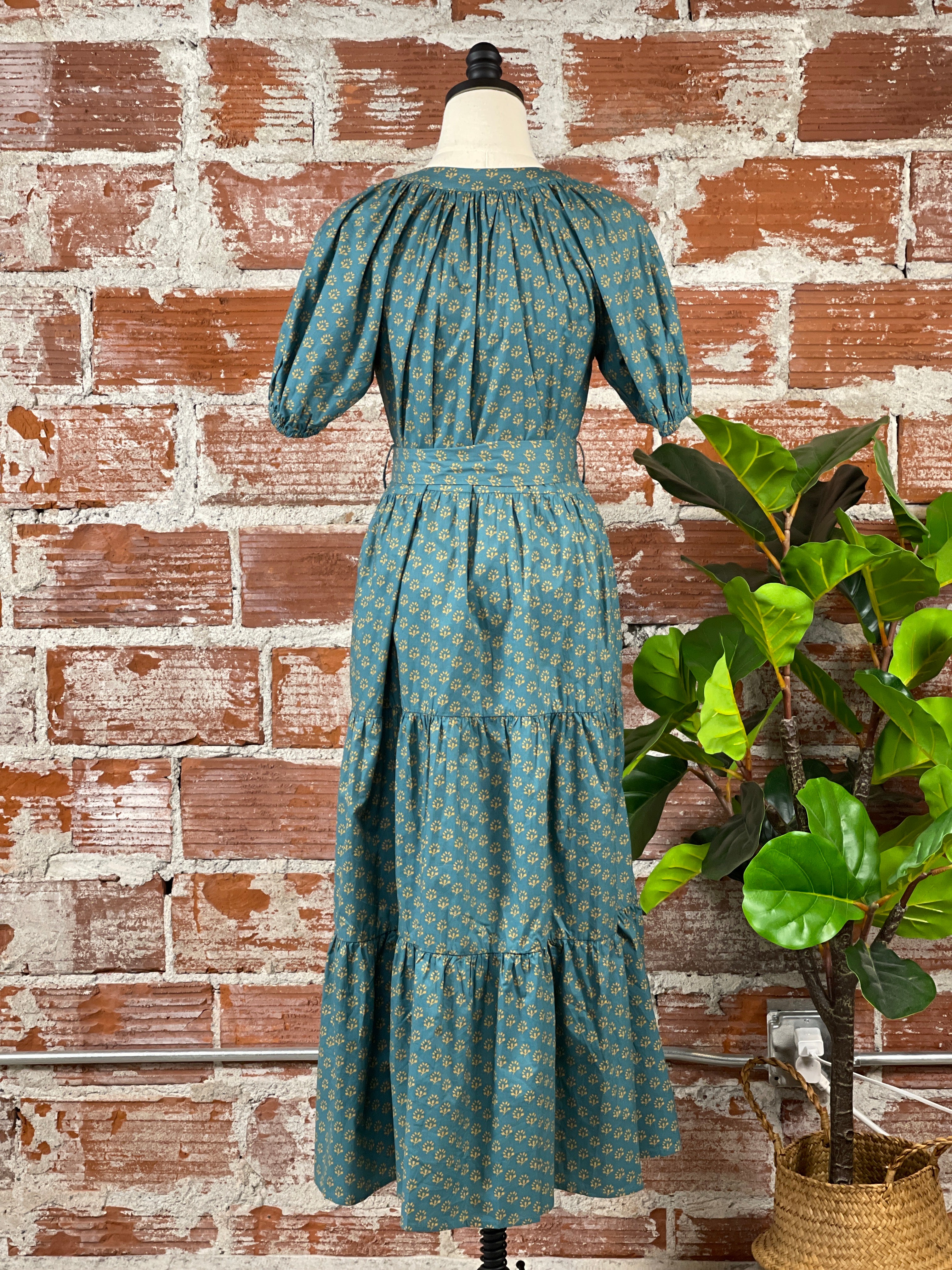 Tie Front Midi Dress in Ditsy Teal-151 Dresses - Short-Little Bird Boutique