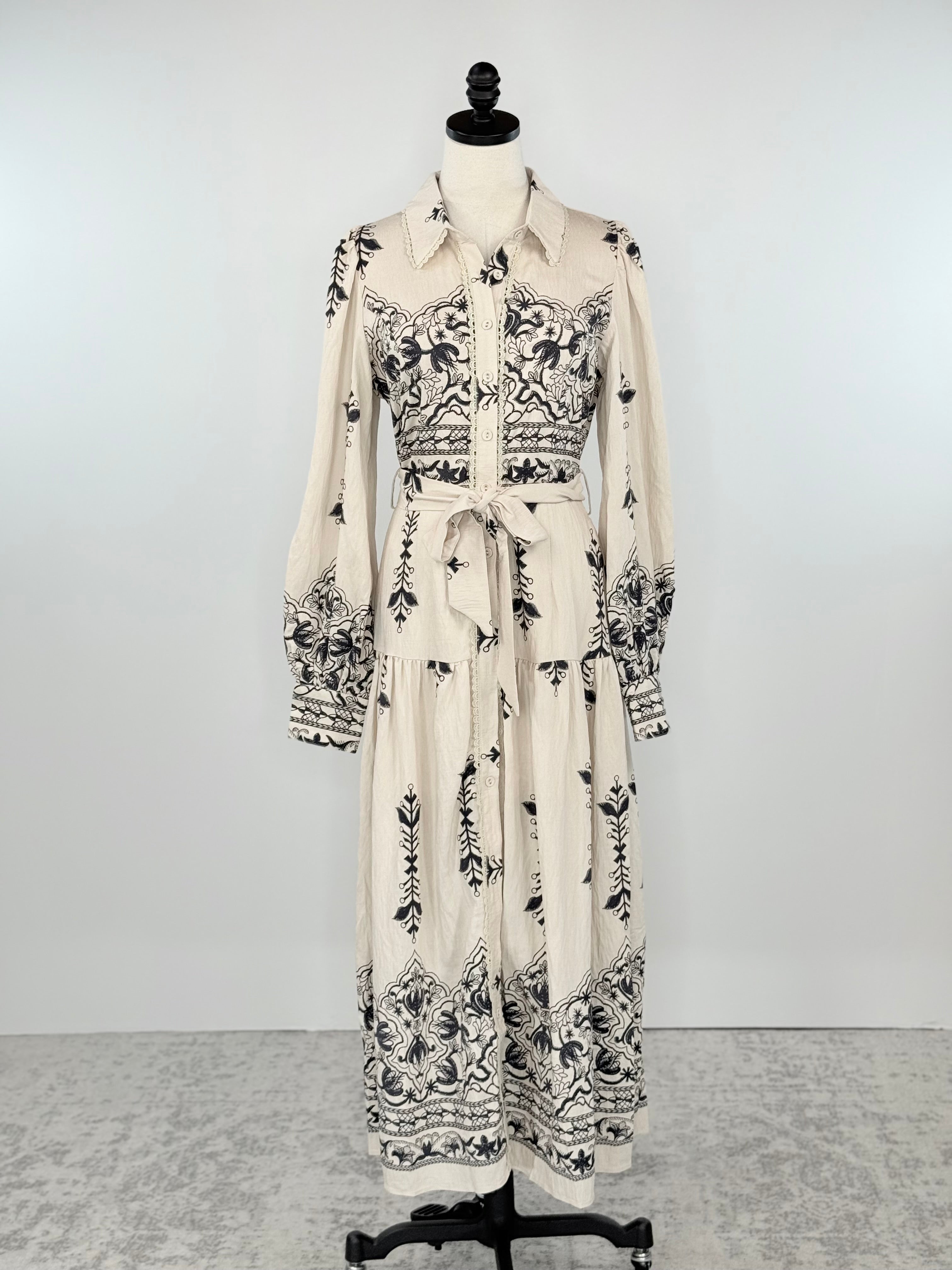 Weston Dress in Taupe and Navy-152 Dresses - Long-Little Bird Boutique