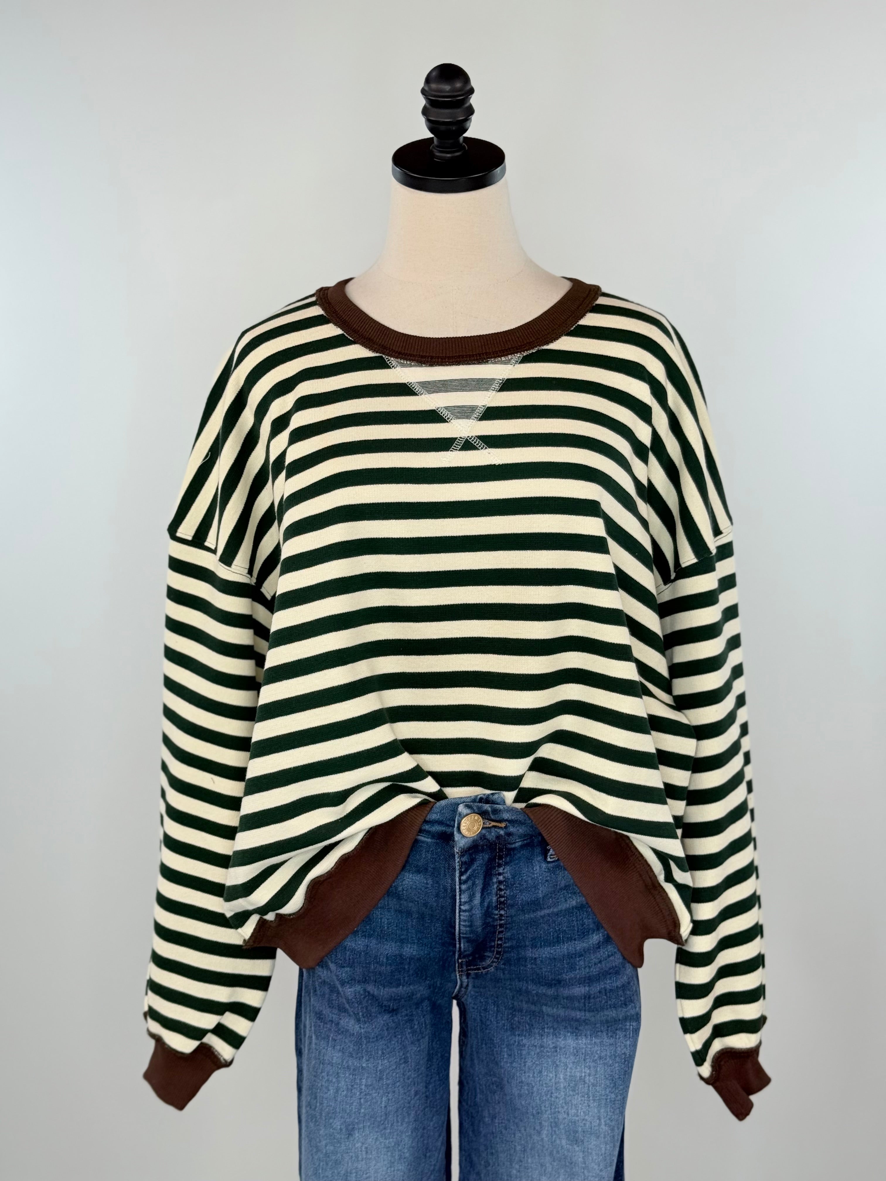 Marlow Sweatshirt in Dark Green and White Stripe-142 Sweatshirts & Hoodies-Little Bird Boutique