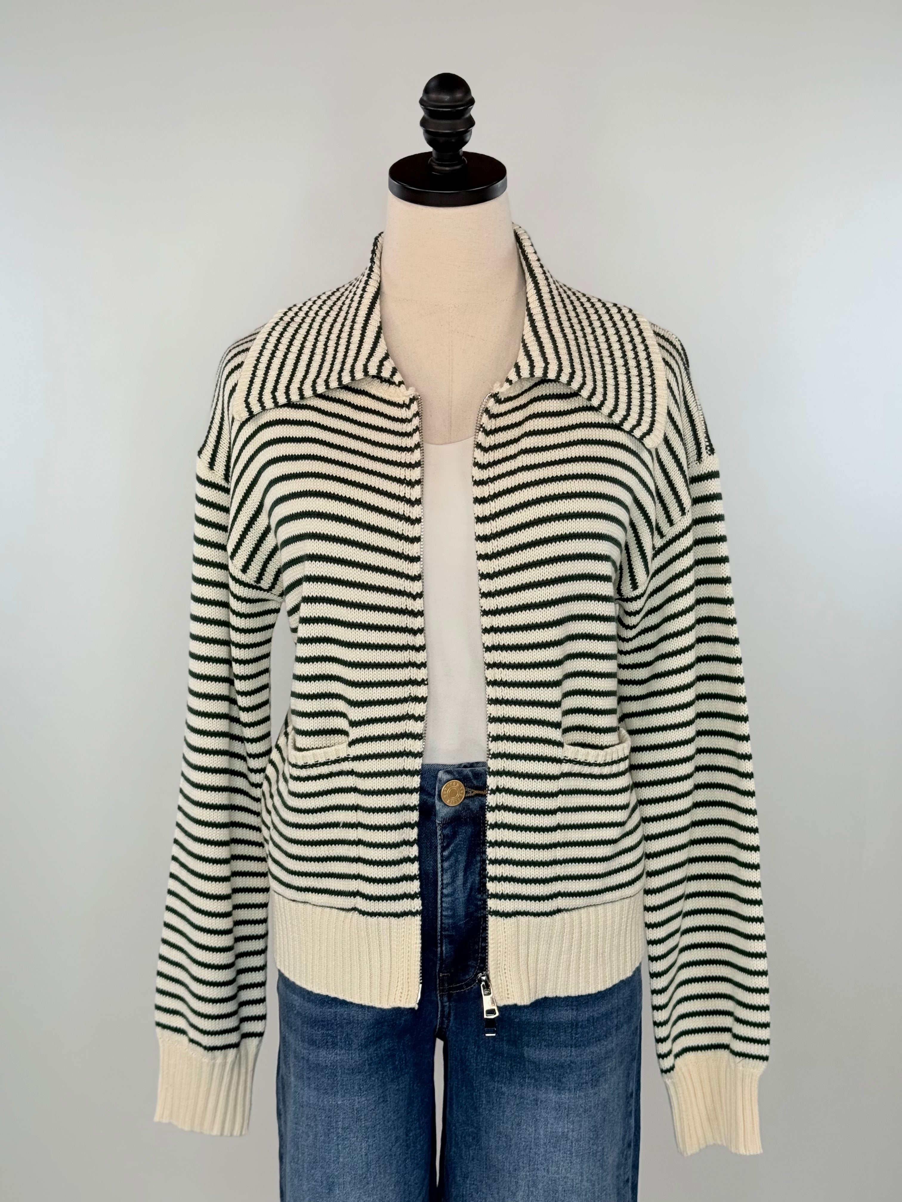 Tenley Sweater in Green and Cream Stripe-131 - Sweaters F/W (June - Nov)-Little Bird Boutique
