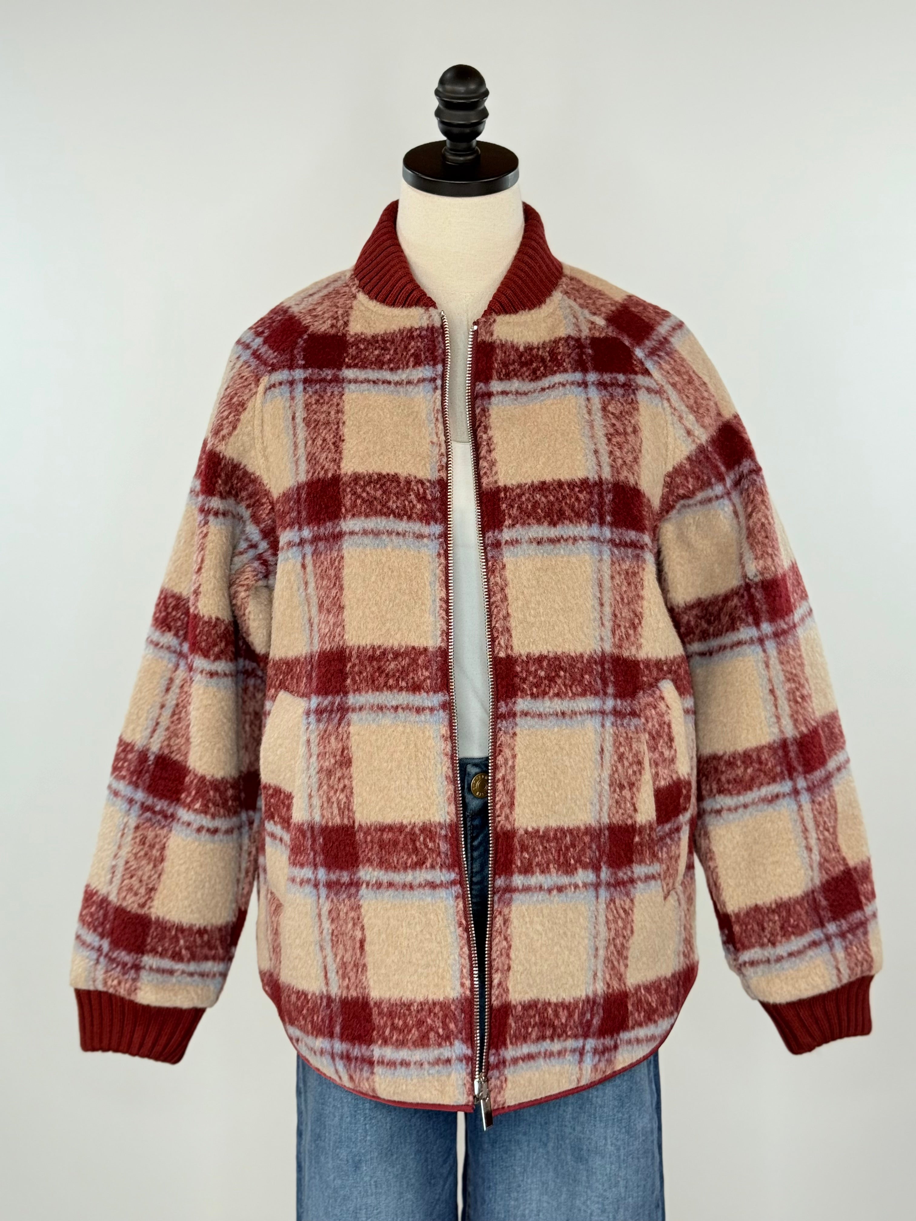 Flag and Anthem Anniston Reversible Quilted Bomber Jacket in Red and Taupe-141 Outerwear Coats & Jackets-Little Bird Boutique