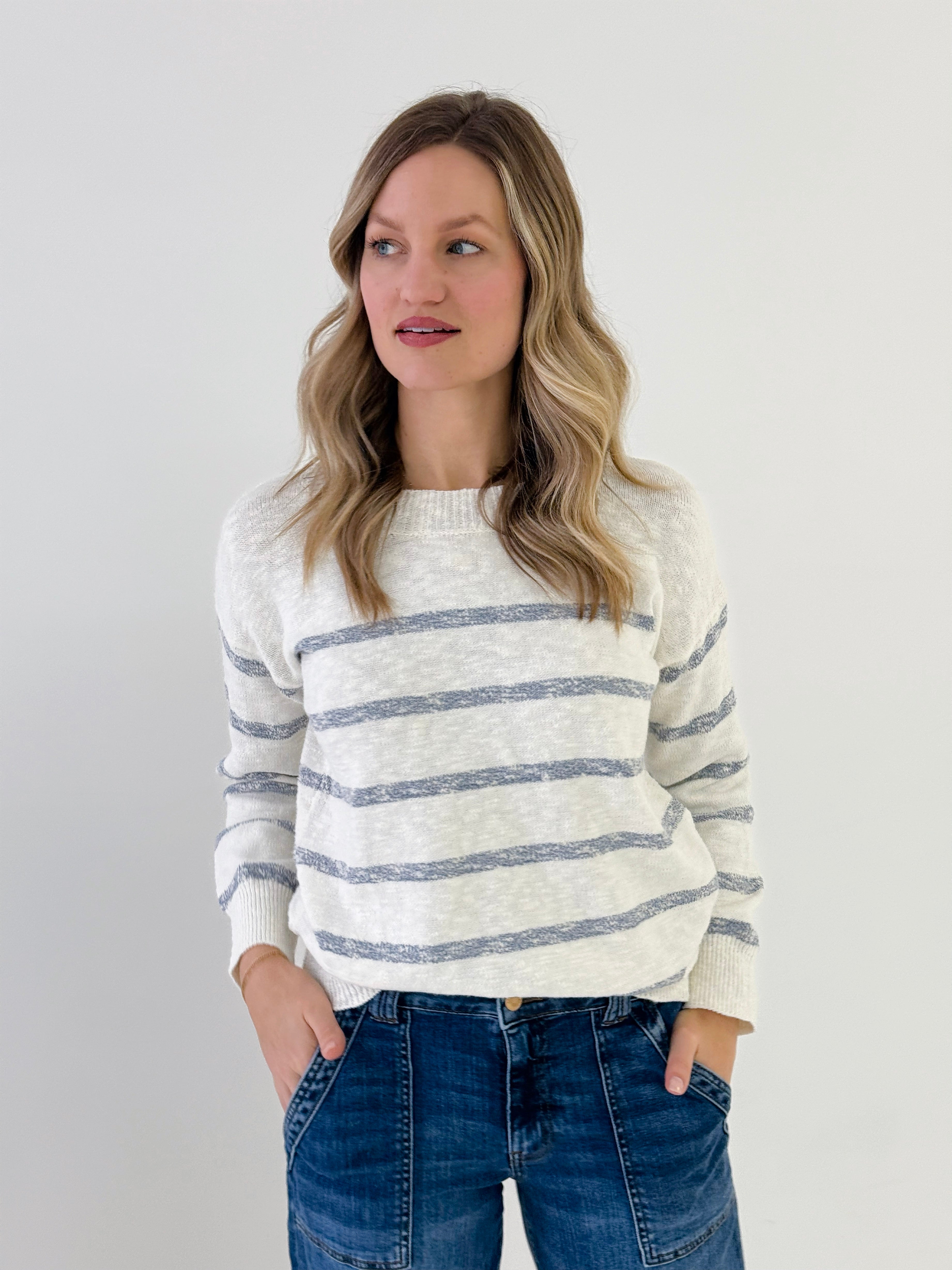 Quenby Sweater in Slub Denim Stripe-132 - Sweaters S/S (Dec - May)-Little Bird Boutique