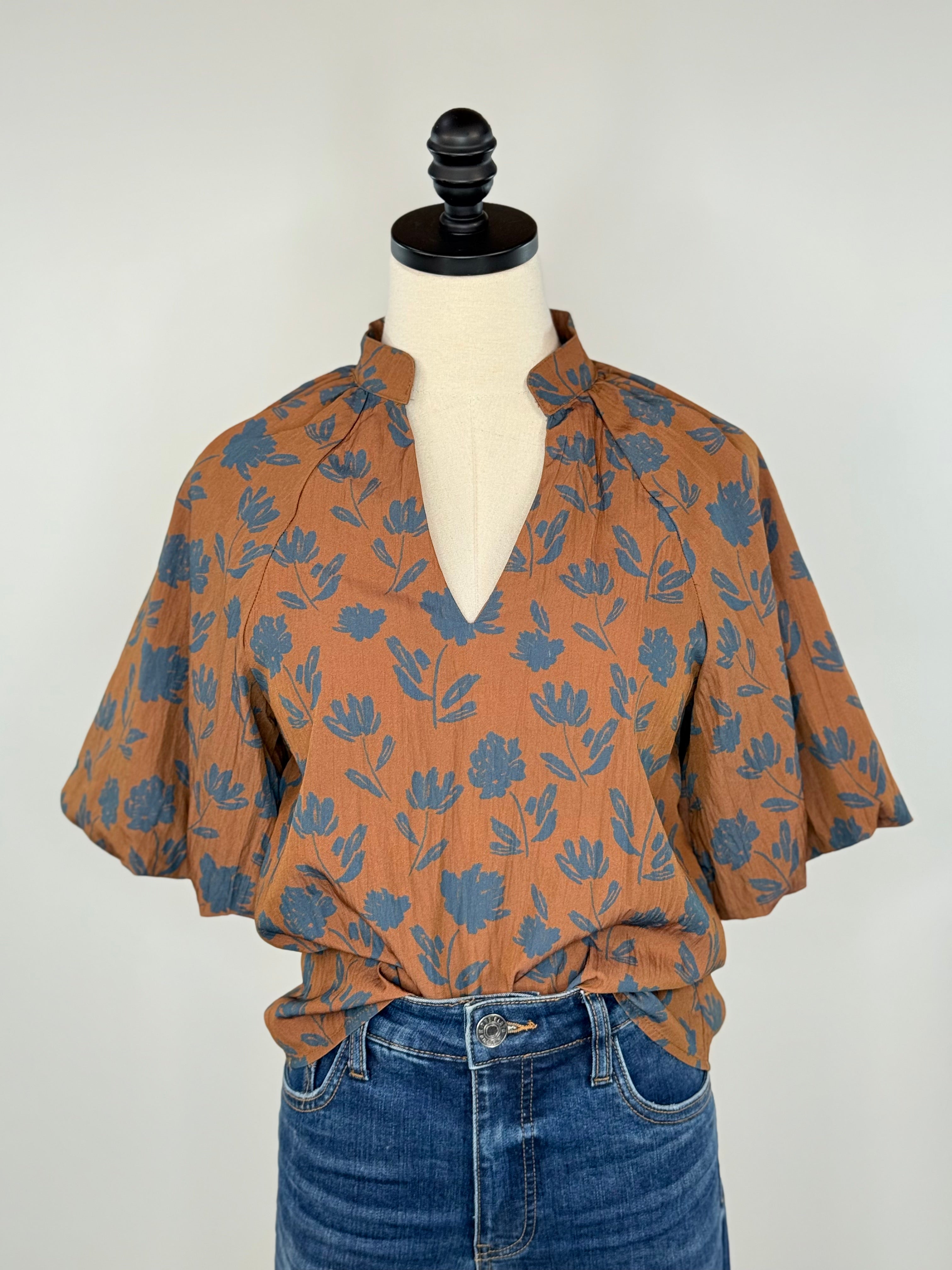 THML Puff Sleeve Top in Brown Floral-111 - Woven Top F/W (June- Nov)-Little Bird Boutique