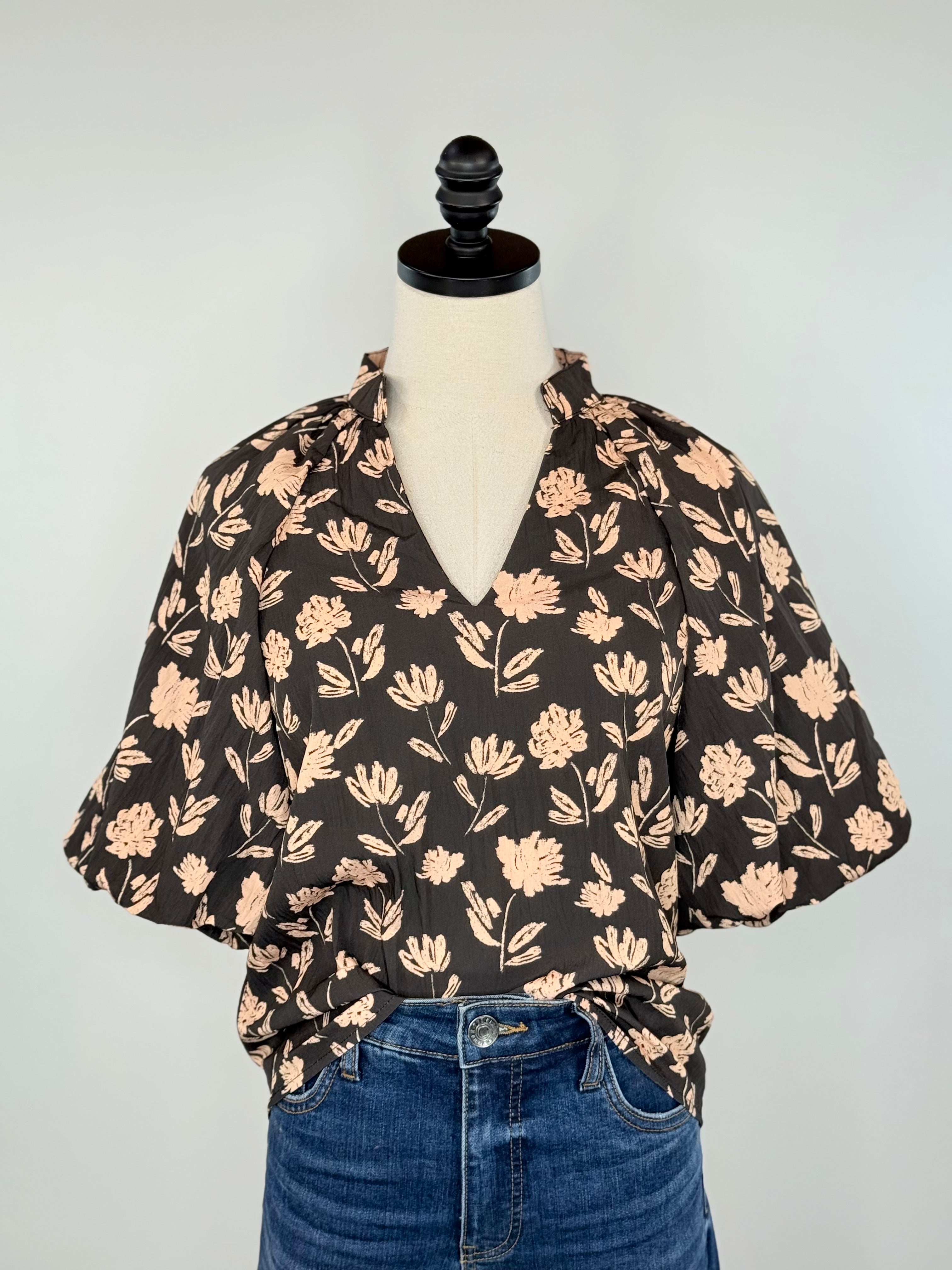 THML Puff Sleeve Top in Black Floral-111 - Woven Top F/W (June- Nov)-Little Bird Boutique