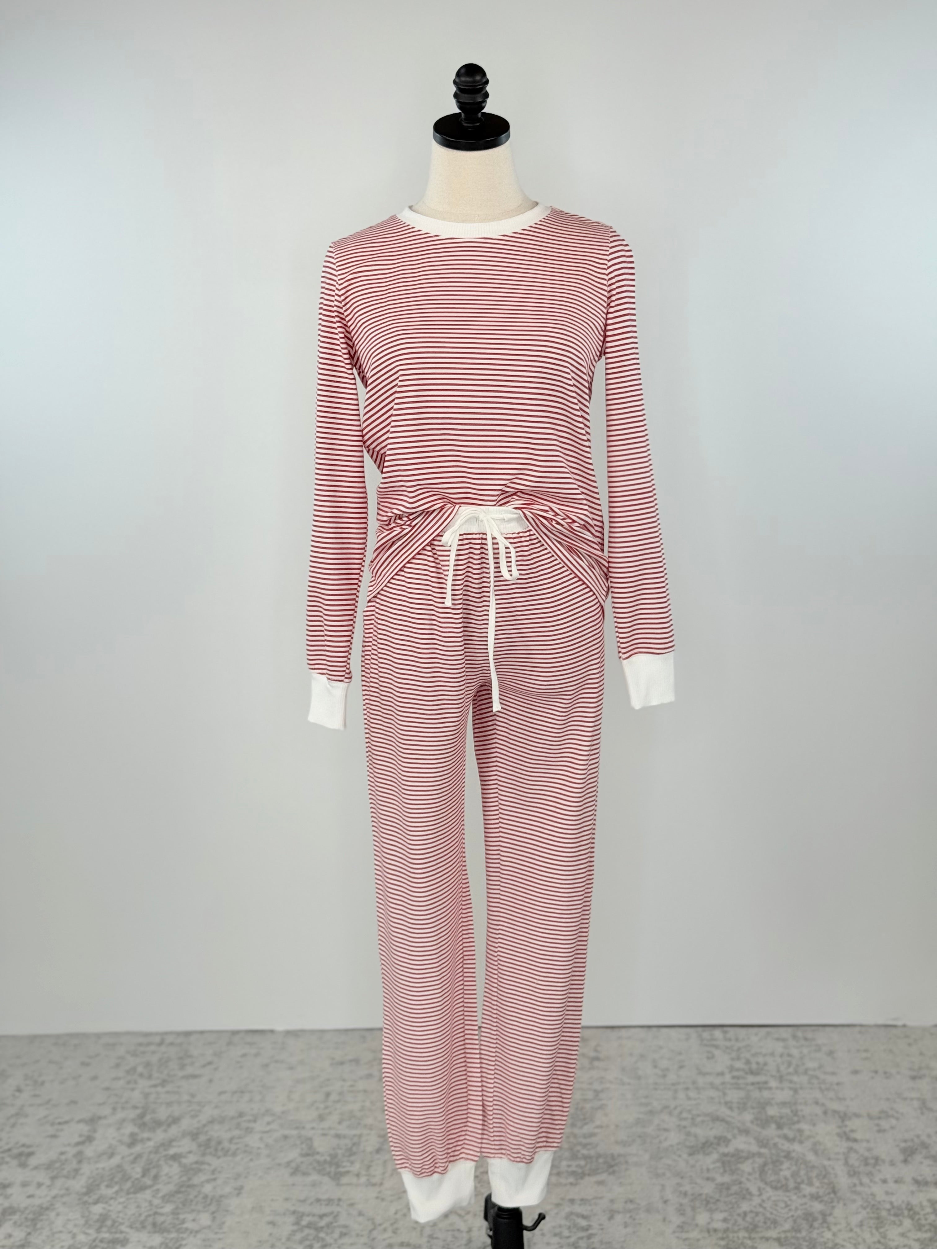 Cozy Stripe Jogger Pajama Set in Red and White-240 Loungewear/Intimates-Little Bird Boutique