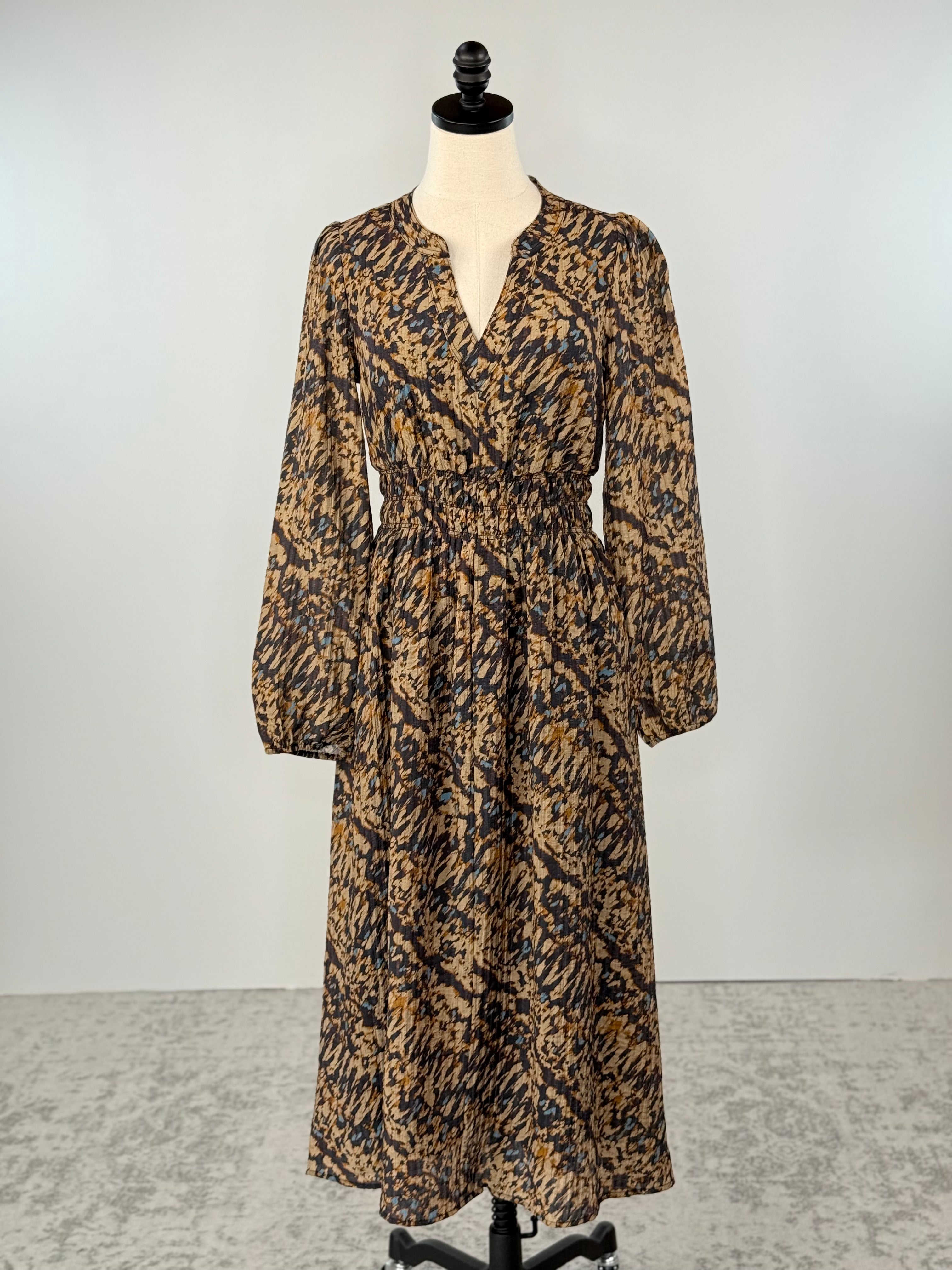 Anthem the Label Abstract Print Dress in Brown and Taupe-152 Dresses - Long-Little Bird Boutique