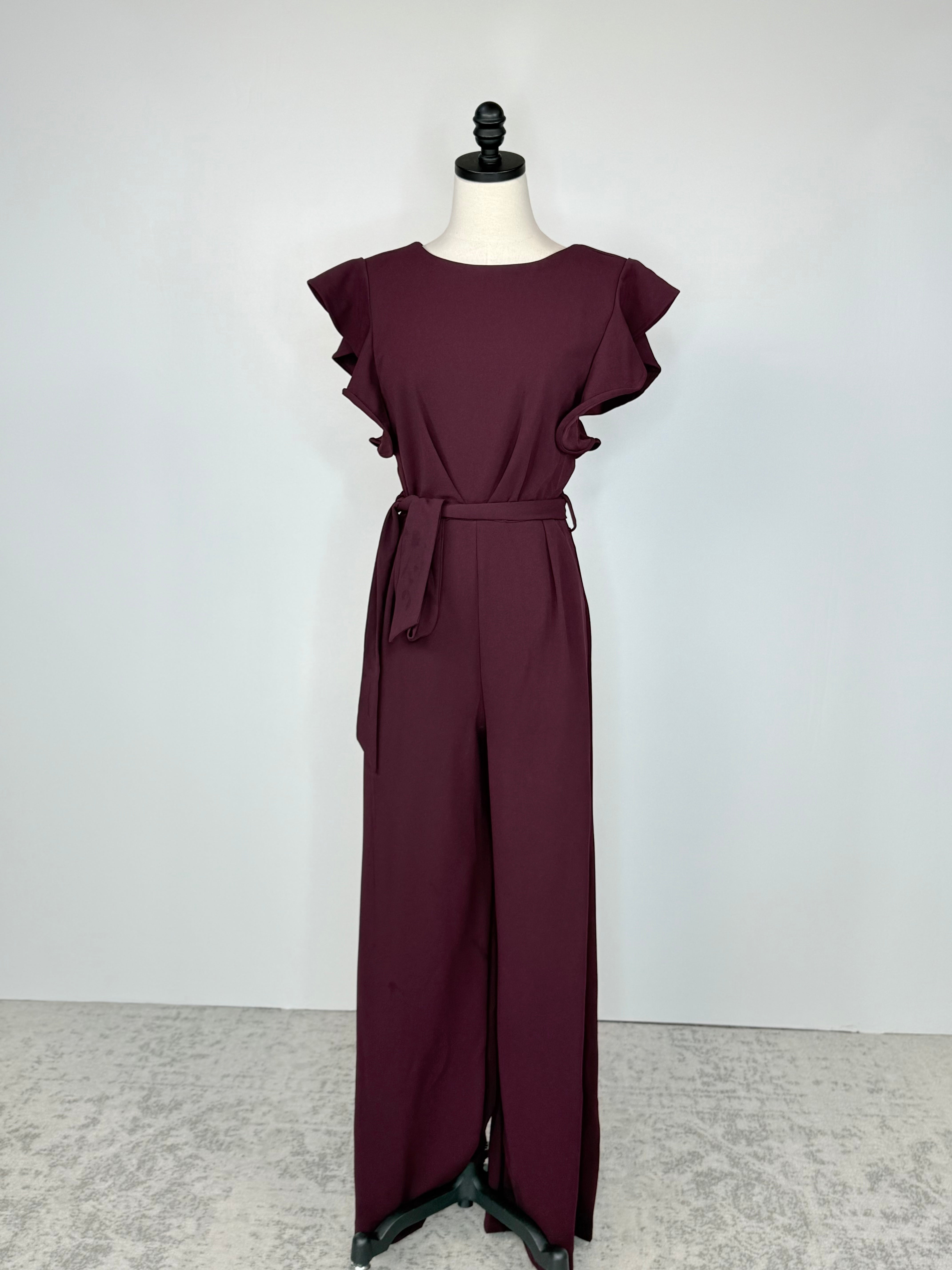 Apricot Pleated Detail Jumpsuit in Burgundy-160 Jumpsuits/ Rompers-Little Bird Boutique