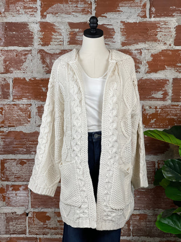Dex Hooded Cable Open Cardigan in Cream