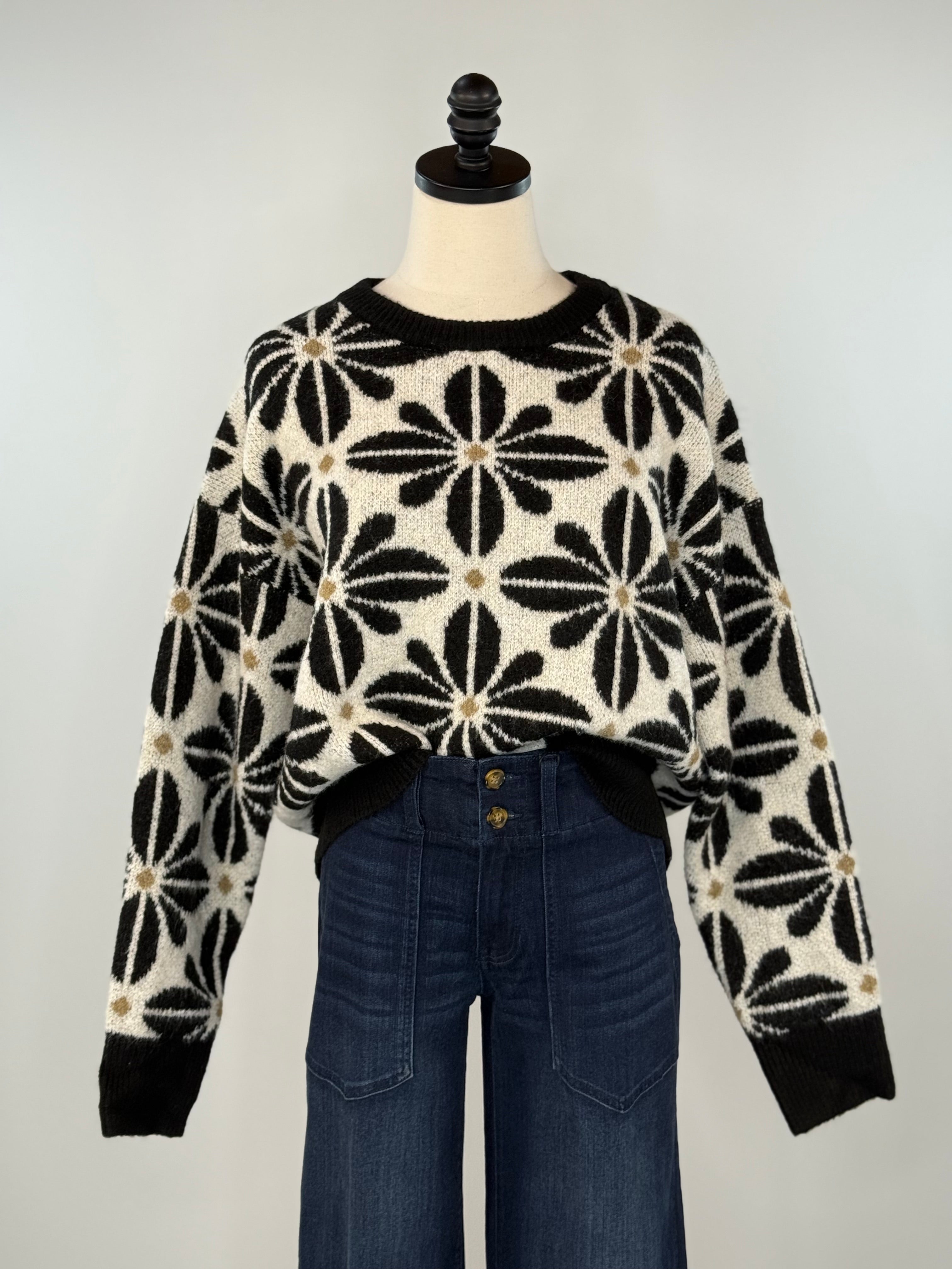 Liv Flower Sweater in Black and Ivory-131 - Sweaters F/W (June - Nov)-Little Bird Boutique