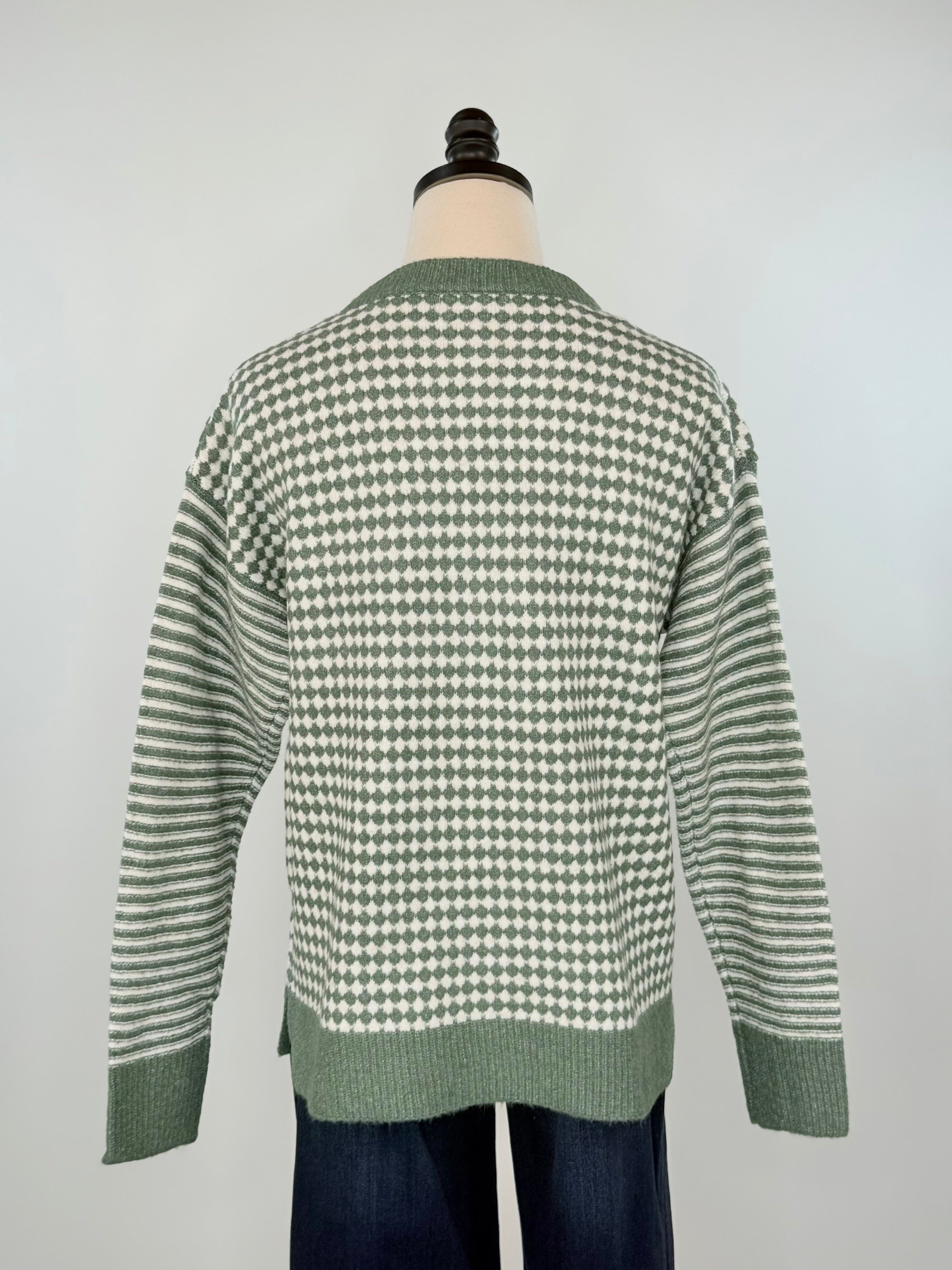 Sawyer Checkerboard Sweater in Dark Sage-133 - Sweaters (Holiday)-Little Bird Boutique