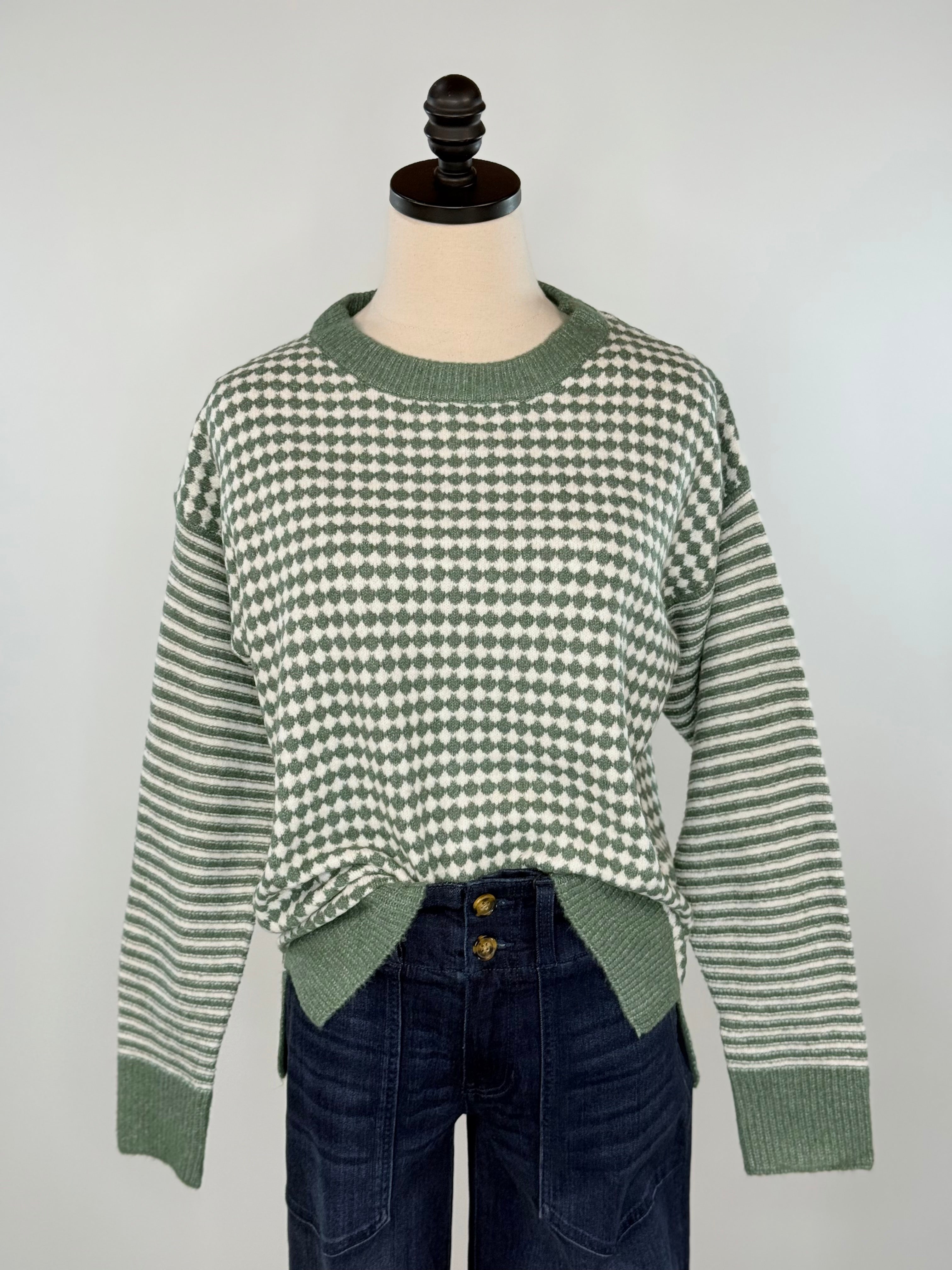 Sawyer Checkerboard Sweater in Dark Sage-133 - Sweaters (Holiday)-Little Bird Boutique